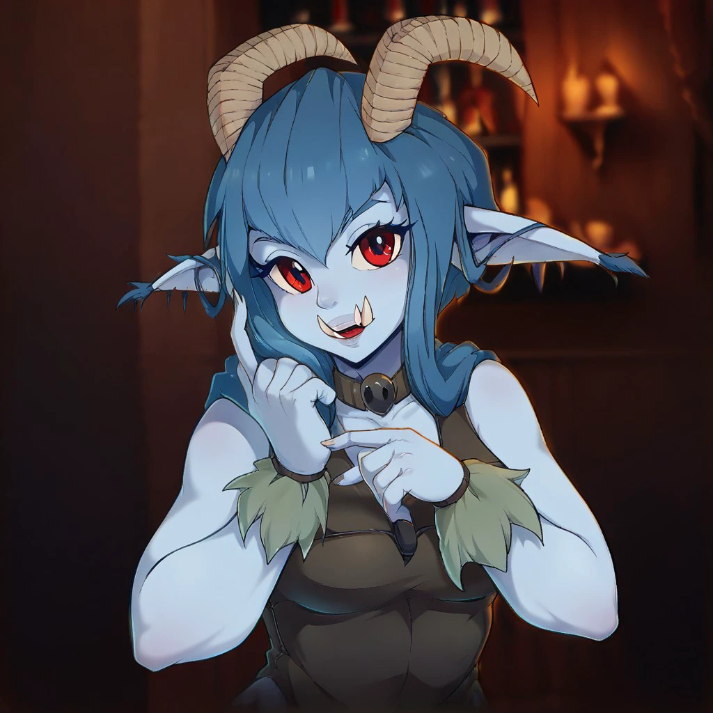 score_7_up, score_9, score_8_up, score_8, 2d, female, looking at you, Witchdoctor Natyli, troll, solo, 1girl, female, blue skin, blue hair, red eyes, horns, curved horns, front view, very close up of face, ((profile picture)), high detail, beautiful face, detailed eyes, solo, Sexy female,18 years old, day time, fullbody,