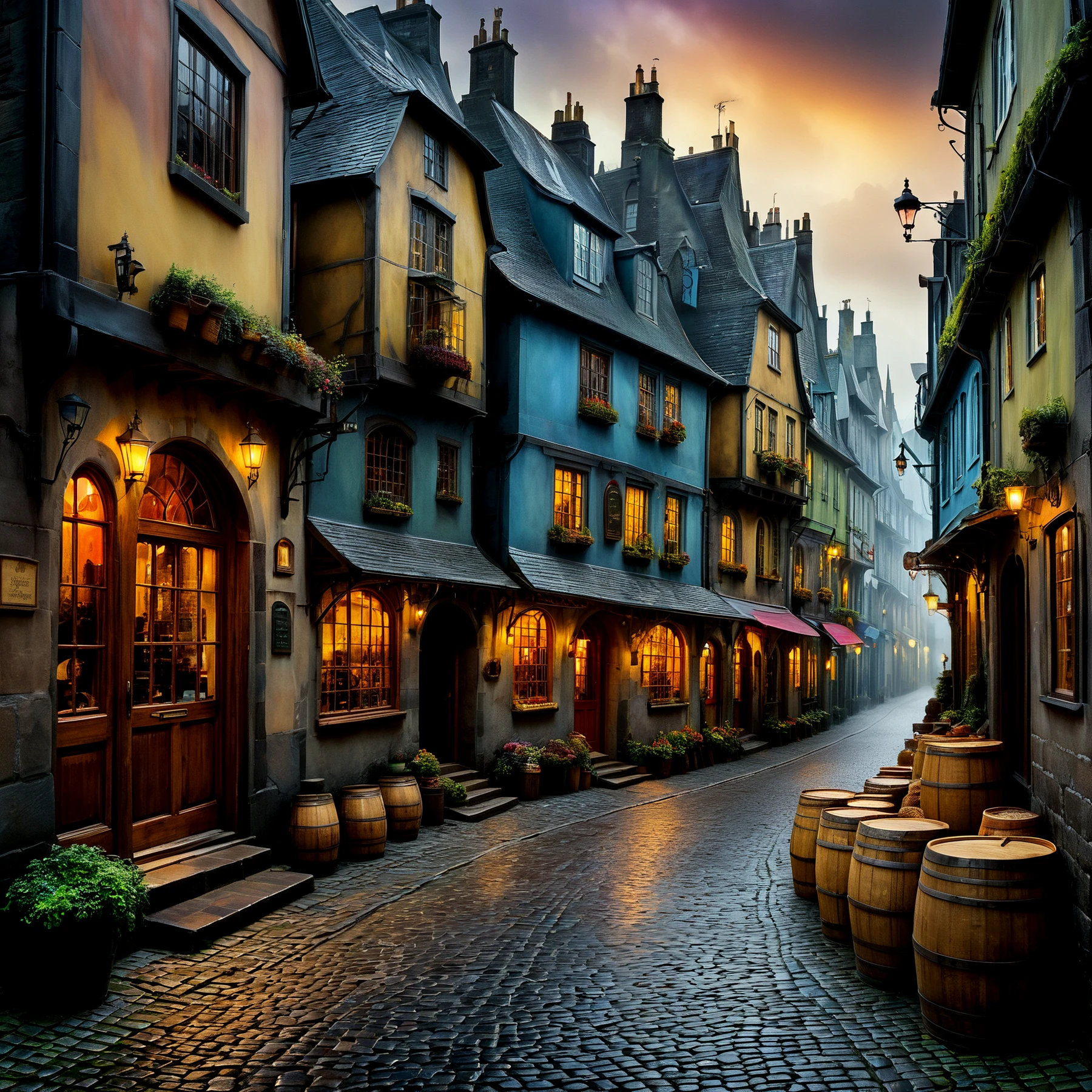 Abstract. Surreal. Vivid.

A meandering cobblestone street. Shops, wares on display, barrels, tables, wooden boxes. 

Atmospheric, moody, rustic.

<lora:CuriousWorld01-03c_CE_SDXL:1.3> crswrldCE