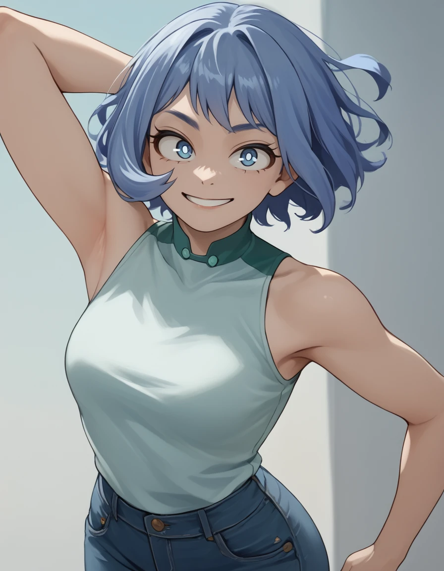 <lora:hadou nejire:1>, hadou nejire, solo, 1girl, jeans, sleeveless shirt, one arm behind head, armpit, smirk, short hair, score_9, score_8_up, score_7_up, source_anime,