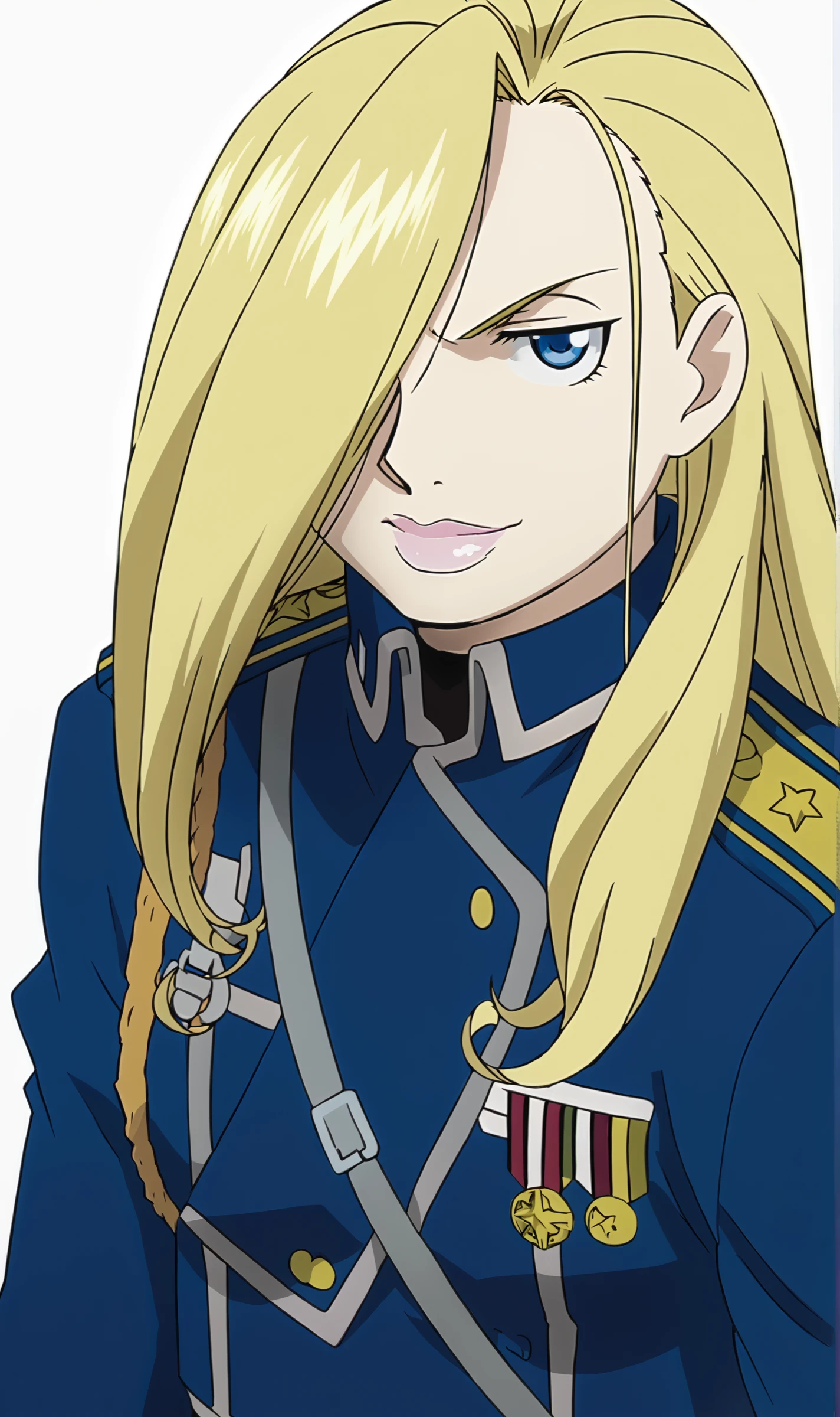 OMA, 1girl, solo, blonde hair, long hair, hair over one eye, blue eyes, lipstick, military uniform, aiguillette, epaulettes, angry, portrait, smile, looking at viewer, simple background, white background, <lora:Olivier Mira Armstrong Pony XL:1>