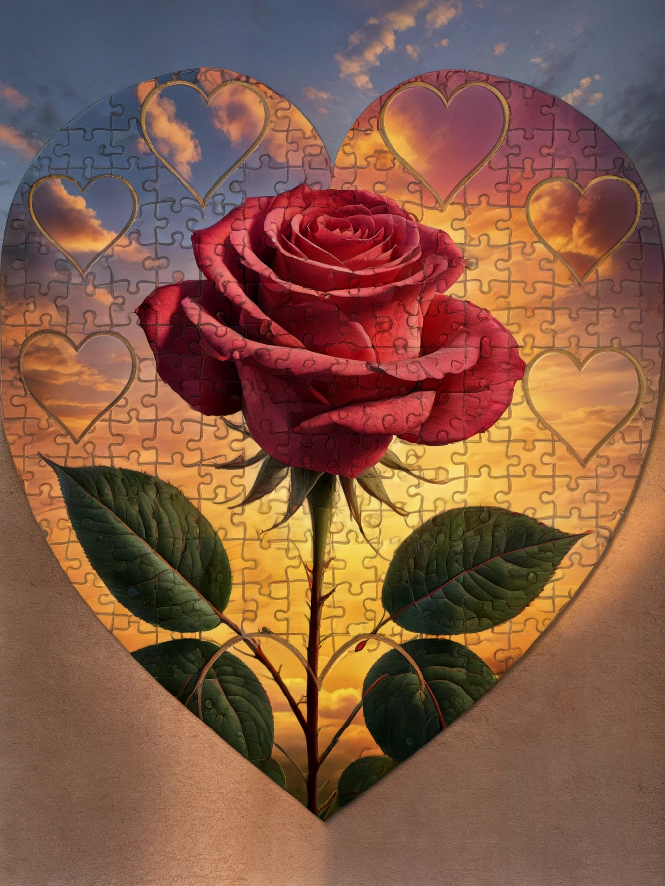 Highly detailed. 

Jigsaw hearts.

The beauty of a rose, illuminated from behind (backlit) by the setting sun.

In the background is a cloudy sky.

<lora:JigsawHearts01-00_CE_SDXL_128OT:0.75>