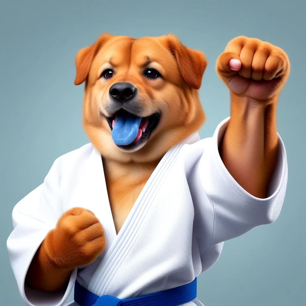 <lora:Black_Belt_SDXL:0.5>, karate outfit with fist raised up, martial arts belt, FPCH, hzup, upper body, open mouth, clenched hand, realistic, chow-chow dog, blue tongue