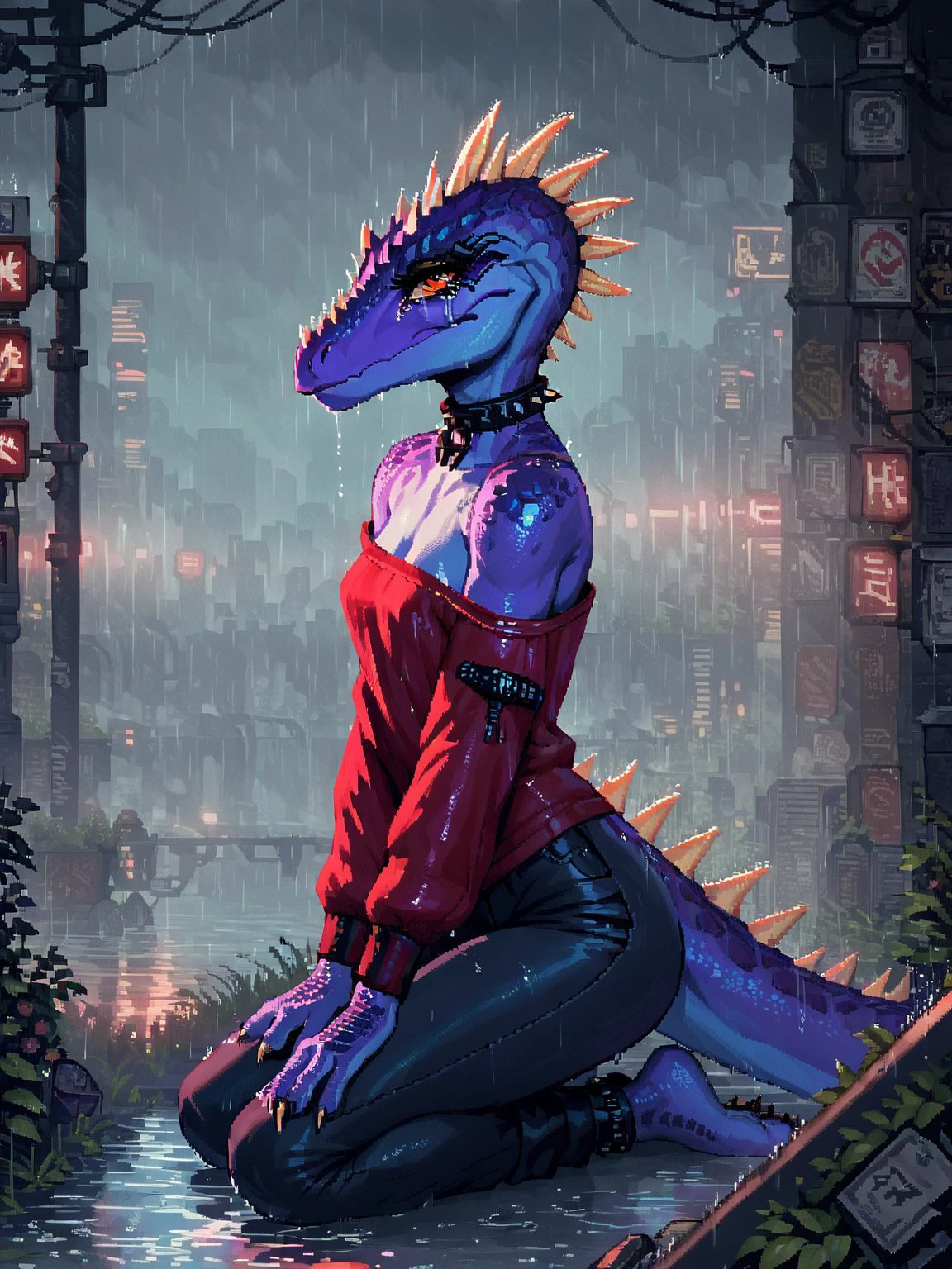 (score_9, score_8_up), score_7_up, score_6_up, score_5_up, score_4_up,  source_furry
Tryx, small breast, dinosaur, purple skin, orange eyes, eyelashes, black trousers, red shirt, red sleeves, black collar on the shirt, bare shoulders, black tie, spikes on the head, scales, black circles around the eyes, black collar, d3p1x3l, pixel art, 1girl,alone,kneeling,crying,cyberpunk city,girl on top of a hill, rain, wet, wet surface, sad face, side view <lora:Rain (pony) v1:1><lora:d3p1x3lXLP:1>
<lora:Tryx_XL:0.9>