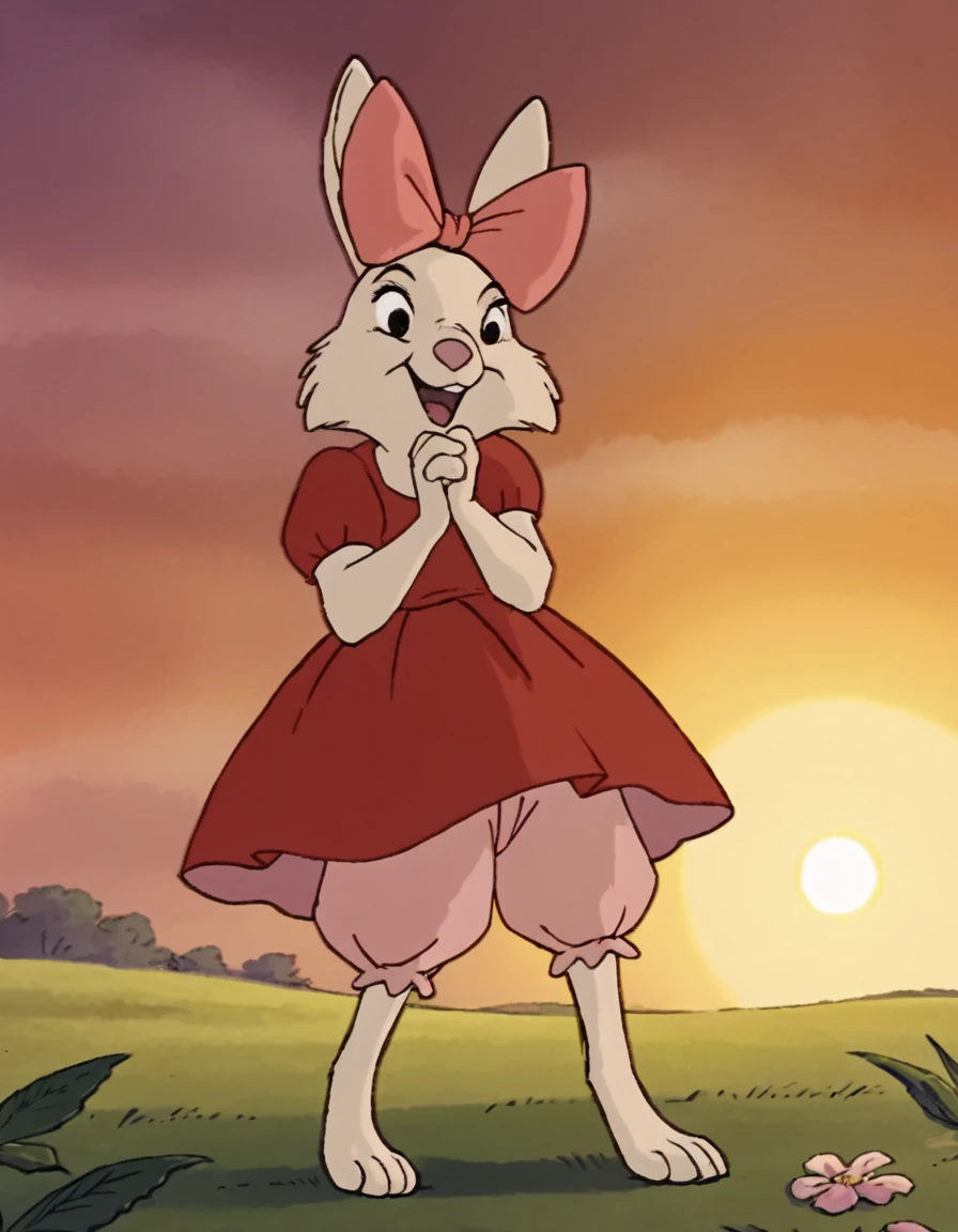 sis happy, backlighting, sunset, red dress, pink bloomers  <lora:sis-ponyv6xl:1>