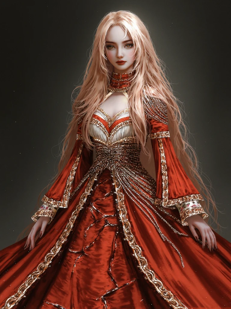 nixeu style, watercolor brushstrokes, woman with long blonde hair and dark shaded eyes with striking gaze under eyelashes, she is wearing ornate but torn and deformed red dress with golden edges and damaged chainmail armor over dress, dark and eerie atmosphere <lora:SXZ_Nixeu_Flux:1.5>