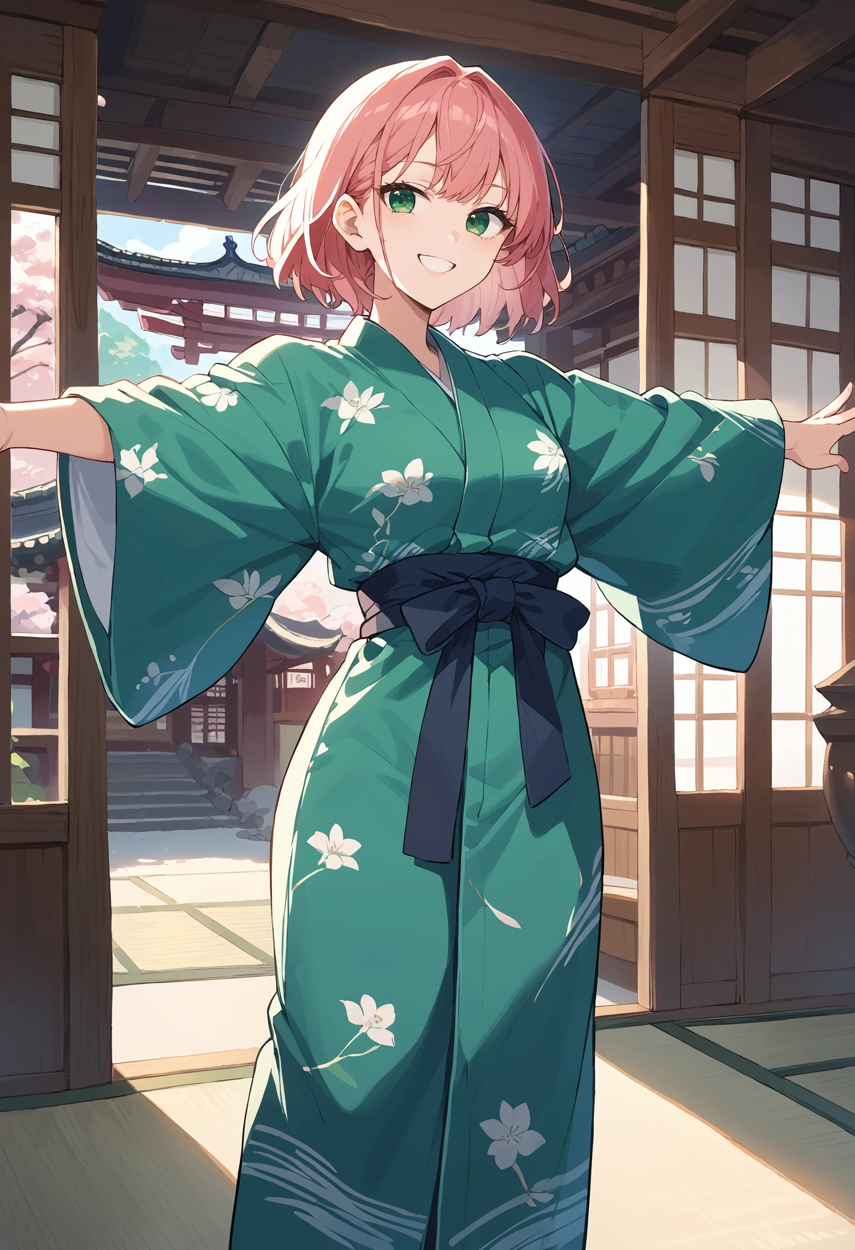 score_9, score_8_up, score_7_up, smile, 1girl, pink hair, green eyes, yukata, spread arms, tpose, t-pose, standing, relaxed, dressing, east asian architecture, interior, fabric
<lora:T-Pose (pony) v1:1>