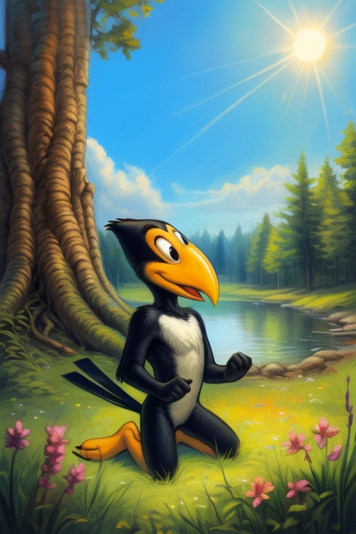 <lora:HeckleJeckleYif:1> HeckleJeckle, raven, white belly, white sclera, black eyes, beak, chibi, (kneeling on one leg)
[ the sun is shining, (glade,) forest, grass, stars, lake, day,  clouds, flowers, blanket, blue pillows, candles,]
(beautiful, aesthetic, perfect, delicate, intricate, saturated colors), masterpiece, digital drawing, best quality,
[by kenket|by totesfleisch8], by thebigslick:by silverfox5213:0.8], [by syuro, by paloma-paloma::0.2, (Tricksta, TotesFleisch8)