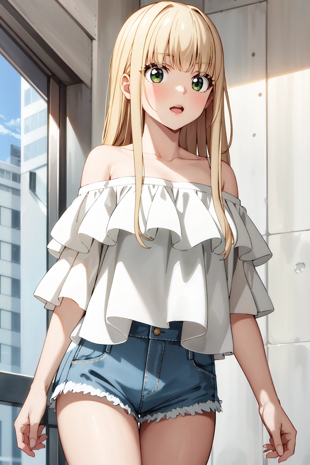 (masterpiece, best quality:1.2), 1girl, solo, rcizuminoel, long hair, medium breasts, white frilled shirt, off-shoulder shirt, short shorts, blue denim shorts,  <lora:noelizumi_v2-000011:0.7>