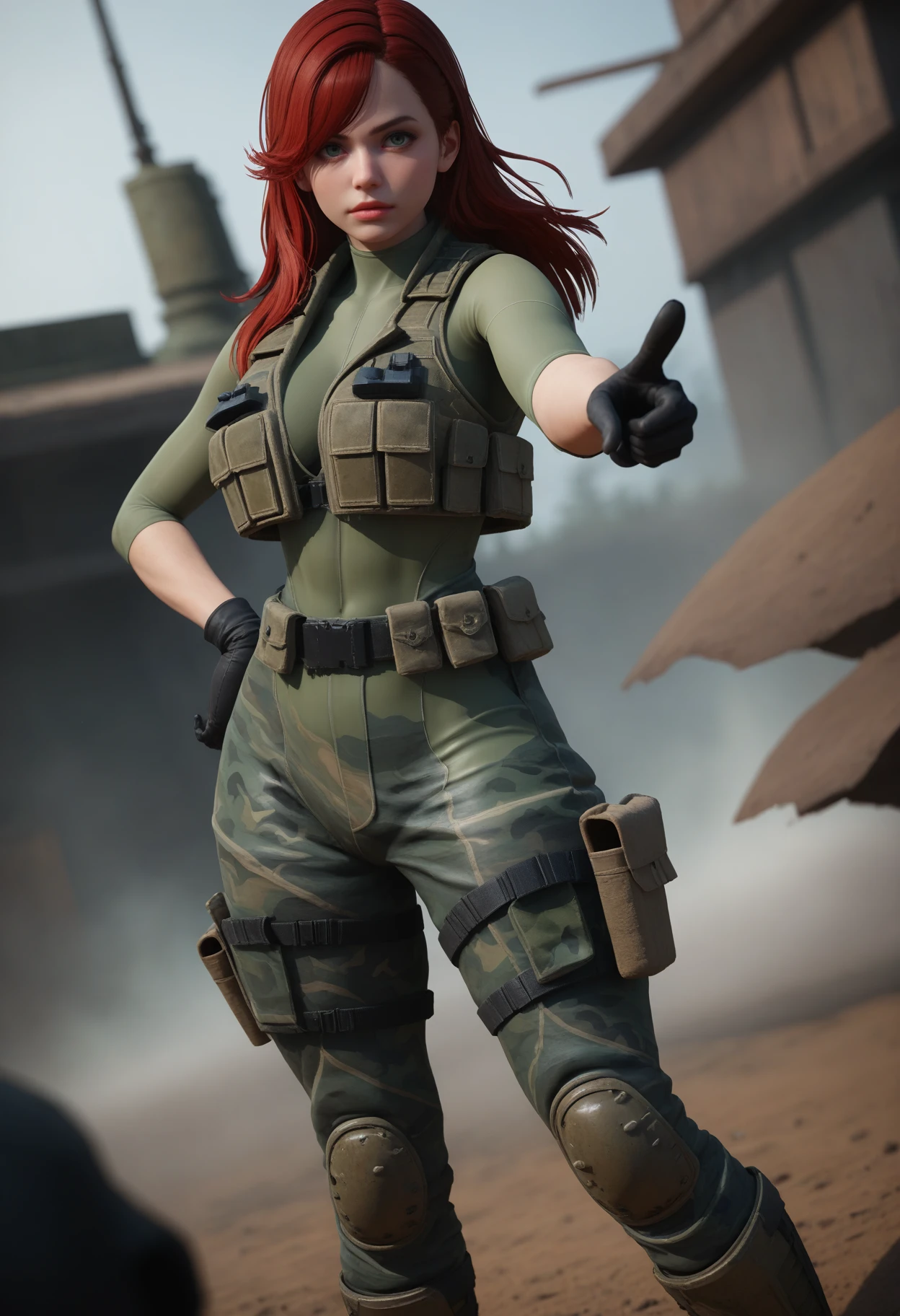 score_9, score_8_up, score_7_up,
1girl, solo, green bodysuit:bulletproof vest:camouflage, military pants:utility belt:greaves, arm pouch, black gloves. long hair:swept bangs.
outdoors, battle, dark, fog, trench, blurry background, standing, pointing, hand on own hip, looking at viewer, wide shot, dutch angle, depth of field,
<lora:Dark_Nancy_Pony_v1.0:0.75> d4rkn4ncy,