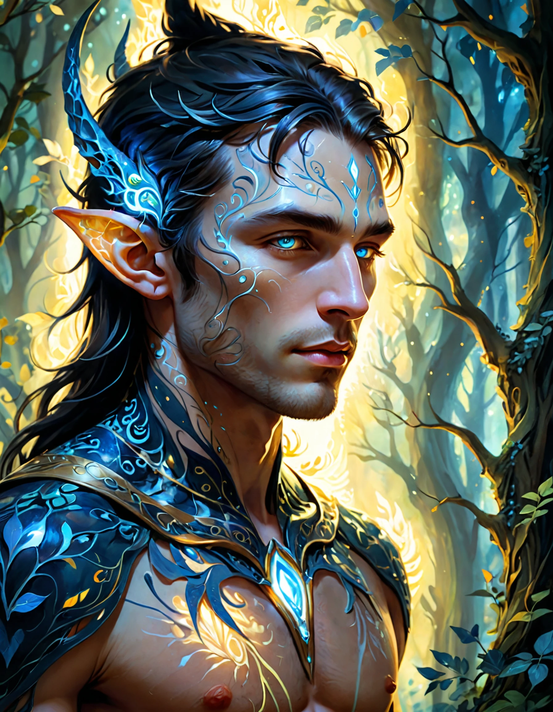 Close-up digital painting, (Ethereal male figure with glowing patterns:1.3), Centrally composed, Balanced proportions, Striking features, (Vibrant luminescent blues:1.2), Intricate ear details, Pointed elvish ears, (Dim lush forest backdrop:1.3), Soft warm yellow lighting, Captivating contrast, Mystical atmosphere, Glowing accents, Serene intense expression