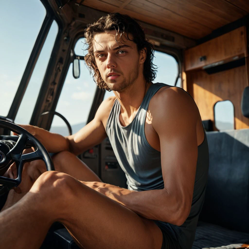 low camera shot, Thomas Ceccon a man <lora:Thomas-Ceccon:1>, rugged,detailed face, sitting legs crossed inside cabin lorry, legs dangling, wearing tank top, sunlight, barefoot, masterpiece,8k,depth of field, bokeh, detailed,sharp focus,,elegant, cinematic lighting, ,photorealistic, taken using a Leica SL2 & the APO-Summicron-SL 28 f/2 ASPH lens, shutter speed 1/200s, ISO 100 and natural light, Hyper Realistic Photography, Cinematic, Cinema, Hyperdetail, UHD, Color Correction, hdr, color grading, hyper realistic CG animation ((remarkable color)), (ultra realistic), textured skin, remarkable detailed pupils, ((realistic dull skin noise)), ((visible skin detail)), ((skin fuzz)), shot with cinematic camera, 3D render, ((hyper realism)), sharp focus, cinematic lighting, photo realistic, hyper realistic. 4k, natural, global illumination, caustics, ratytracing, Unreal Engine, highly detailed, High dynamic range, vivid, rich details, clear shadows and highlights, realistic, intense, enhanced contrast, highly detailed <lora:add-detail-xl:1>