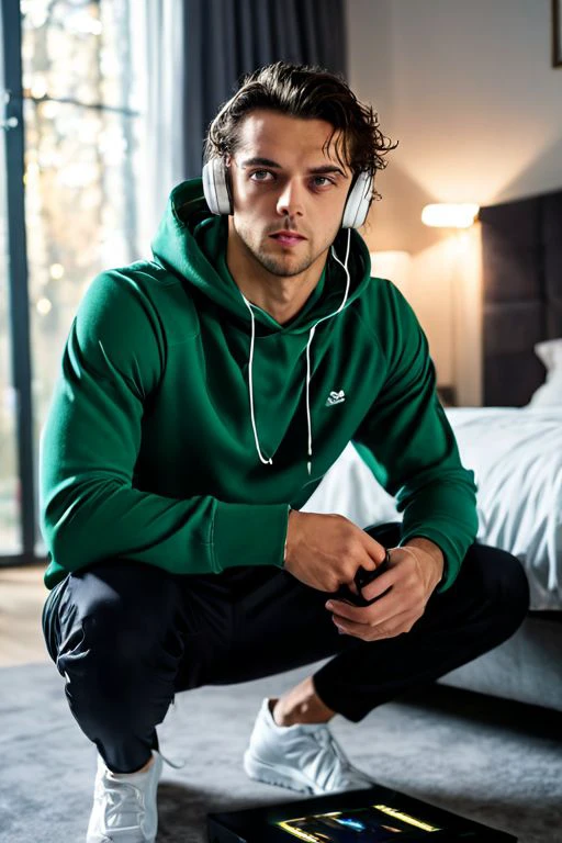 breathtaking cinematic photo masterpiece,highest quality,perfect quality, Thomas Ceccon a man <lora:Thomas-Ceccon:1>,wearing a green hoddie,squatting on ground,(wearing a wireless white headphones:1.5),holding gampad,in the bedroom,looking at the camera,cozy scene,35mm photograph,film,bokeh,professional,4k,highly detailed . award-winning,professional,highly detailed,. 35mm photograph,film,bokeh,professional,4k,highly detailed . award-winning,professional,highly detailed,