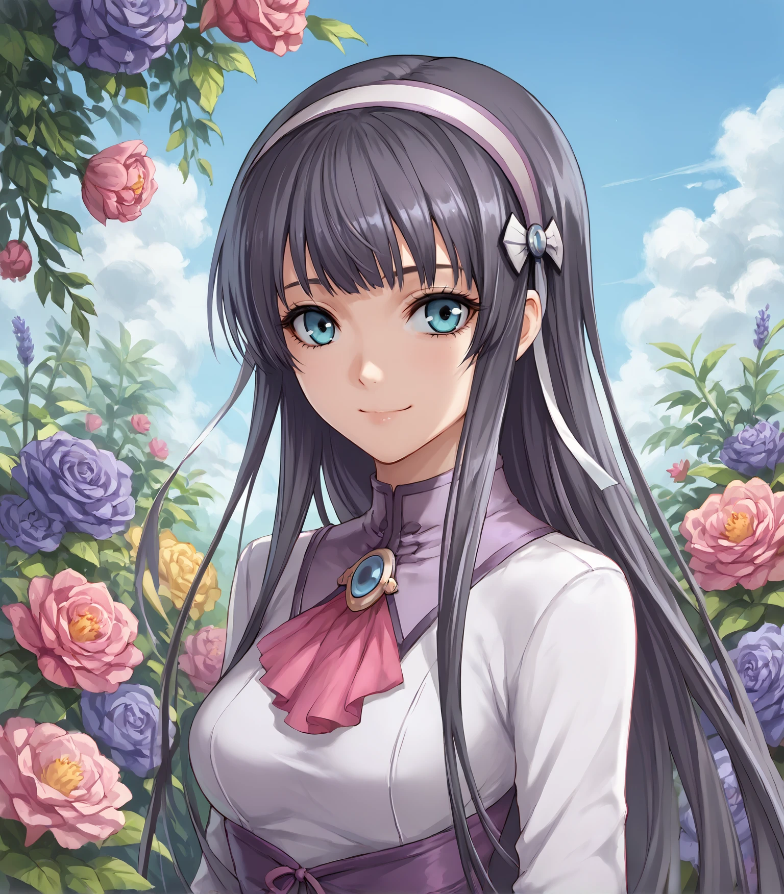 score_9, score_8_up, score_7_up,
1girl, solo, <lora:EliseSchwarzerCS1:0.9>, Elise Schwarzer, blue eyes, long hair, black hair, hairband, medium breasts, dress, purple corset, skirt, black pantyhose, white shoes,, 
outdoors, flowers, plants, sky, 
looking at viewer, upper body, portrait, smile,
<lora:LDART_style_pony_v3:0.7>,, <lora:Racoonkun_Artist_Style:0.4>, racoonsan,,