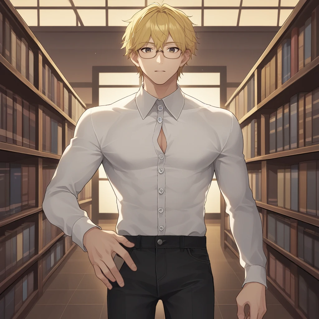 score_9, score_8_up, score_7_up, score_6_up, score_5_up, score_4_up, zPDXL2,source_anime,rating_questionable,1boy, glasses, looking at viewer, white button shirt, black pants, blonde hair, <lora:Library:0.8> l1brary, library, indoors, window, books, evening,night, godrays