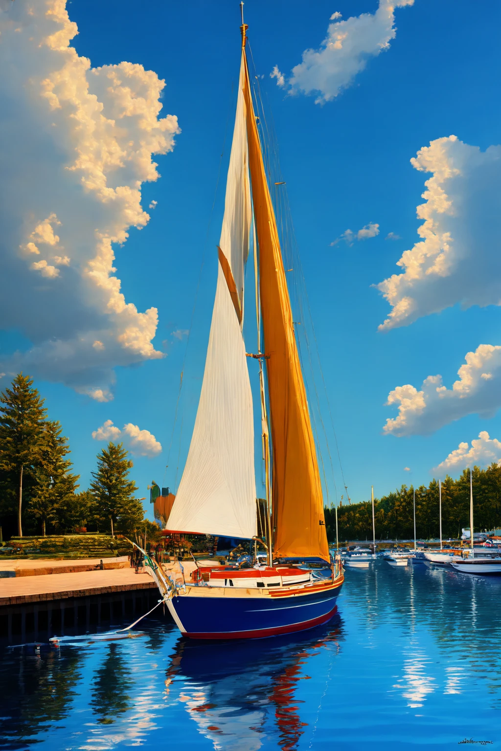 "Create a fine art painting of a sailboat moored in a serene harbor, with its (white sails:1.4) furled and gently resting against the mast. The scene emphasizes the vibrant colors of the boat and its surroundings. The harbor is calm, with reflections of the sailboat and nearby docks shimmering in the water. The background features a peaceful shoreline with a few buildings and trees, adding depth and dimension to the scene. The sky is filled with swirling clouds, contributing to the overall dynamism of the painting. (high level of sharpness to enhance the edges, making them clear and distinct:1.0). (clean, defined edges:1.0). precisionedge  <lora:PrecisionEdge LoRA v1.0.0:1>