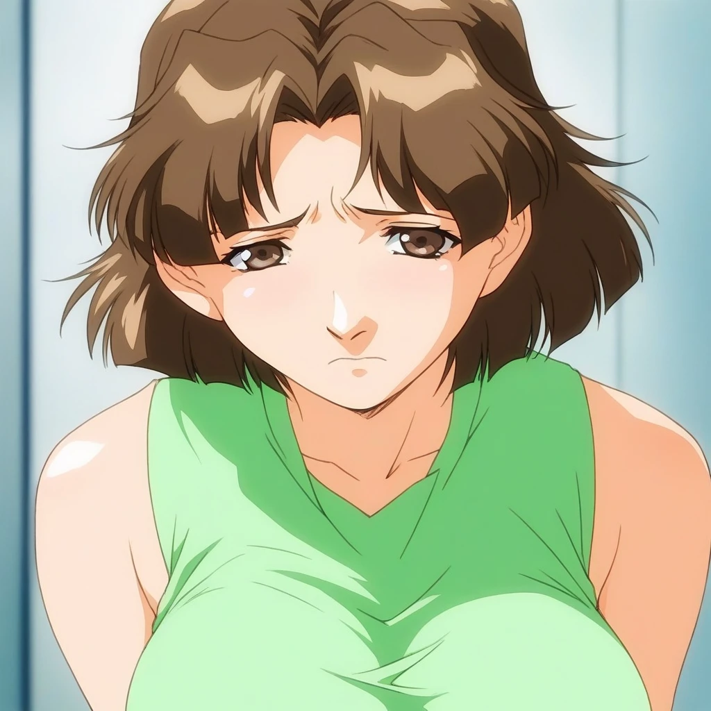 score_9, score_8_up, score_7_up, source_anime, rating_explicit, BREAK  <lora:Minami_Nadeshiko_Anime_XL:1> MinamiNadeshiko_Anime, brown hair, short hair, large breasts, brown eyes, parted bangs,
1girl, solo, sleeveless, sad,  shirt, sleeveless shirt, bangs, looking at viewer, upper body, green shirt