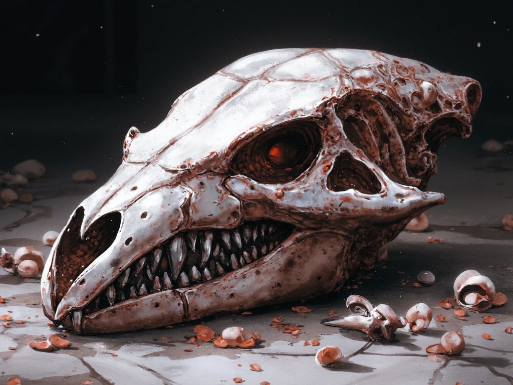 nixeu style, watercolor, giant dragon mosnter creature skull palced on ground, skull is mythical and damageed, shape of skull is deformed, dark and eerie atmosphere, chromatic aberration and film grain, fantasy <lora:SXZ_Nixeu_Flux:1.5>