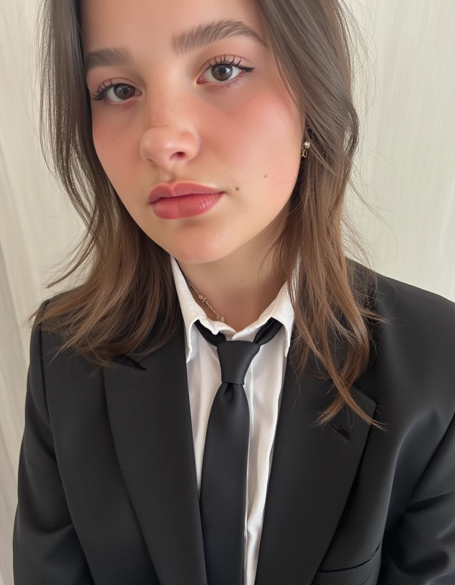 High quality passport photo of a woman wearing a suit and tie looking directly at the camera with her mouth closed and a neutral expression. She is also wearing a delicate gold chain and some understated diamond earrings.   <lora:Jules_LeBlanc_FLUX_V1-000061:1>