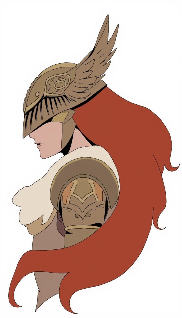 A stylized illustration of Malenia in profile wearing a brown ornate winged helmet and detailed shoulder armor, with long flowing red hair. The background is a simple white. The armor has intricate patterns, and a fur-trimmed collar adds texture to the composition.