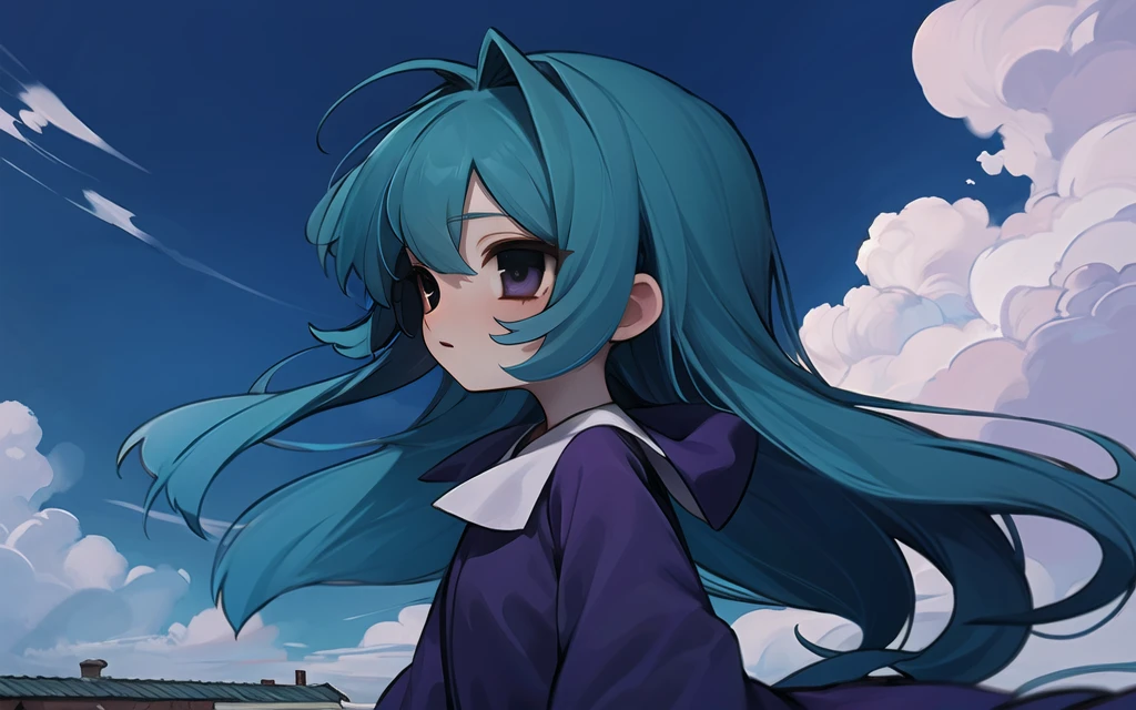 masterpiece, best quality, 1girl, blue hair, long hair, wind, standing, roof, sky, clouds, purple dress, wide sleeves, long sleeves, upper body, from side <lora:Uee_M__Style:1>