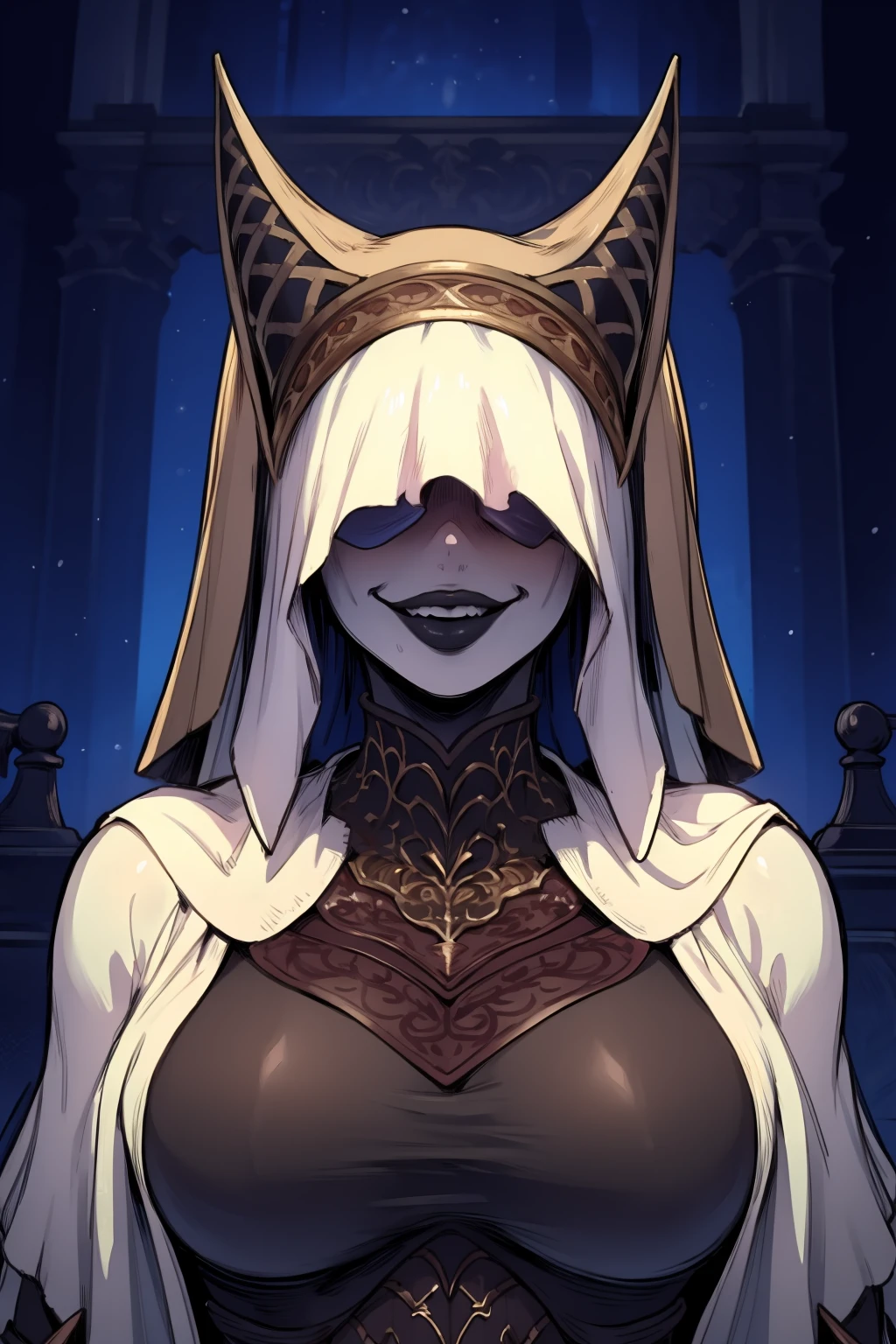 Best_QualityPos, RAW photo, intricate details, best quality, 8k uhd, soft lighting, 1girl, solo, nightmaiden, armor, helmet, veil, black lips, covered eyes, colored skin, grey skin, edgGesugao, edgGesugao facial expression, sadistic smile, evil smile <lora:edgGesugao:1> <lora:NightMaiden:0.8>