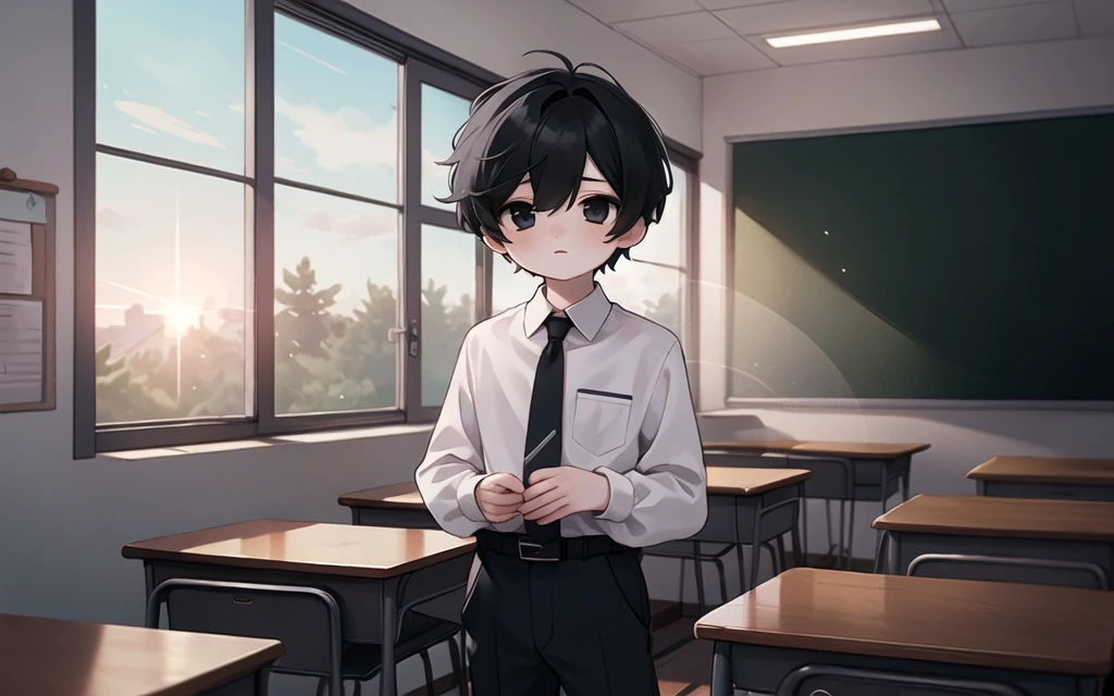 (masterpiece, best quality), lens flare, 1boy, male focus, classroom, solo, desk, indoors, shirt, school desk, black hair, white shirt, chair, window, collared shirt, school uniform, standing, short hair, pants, long sleeves, black pants <lora:Uee_M__Style:0.8>