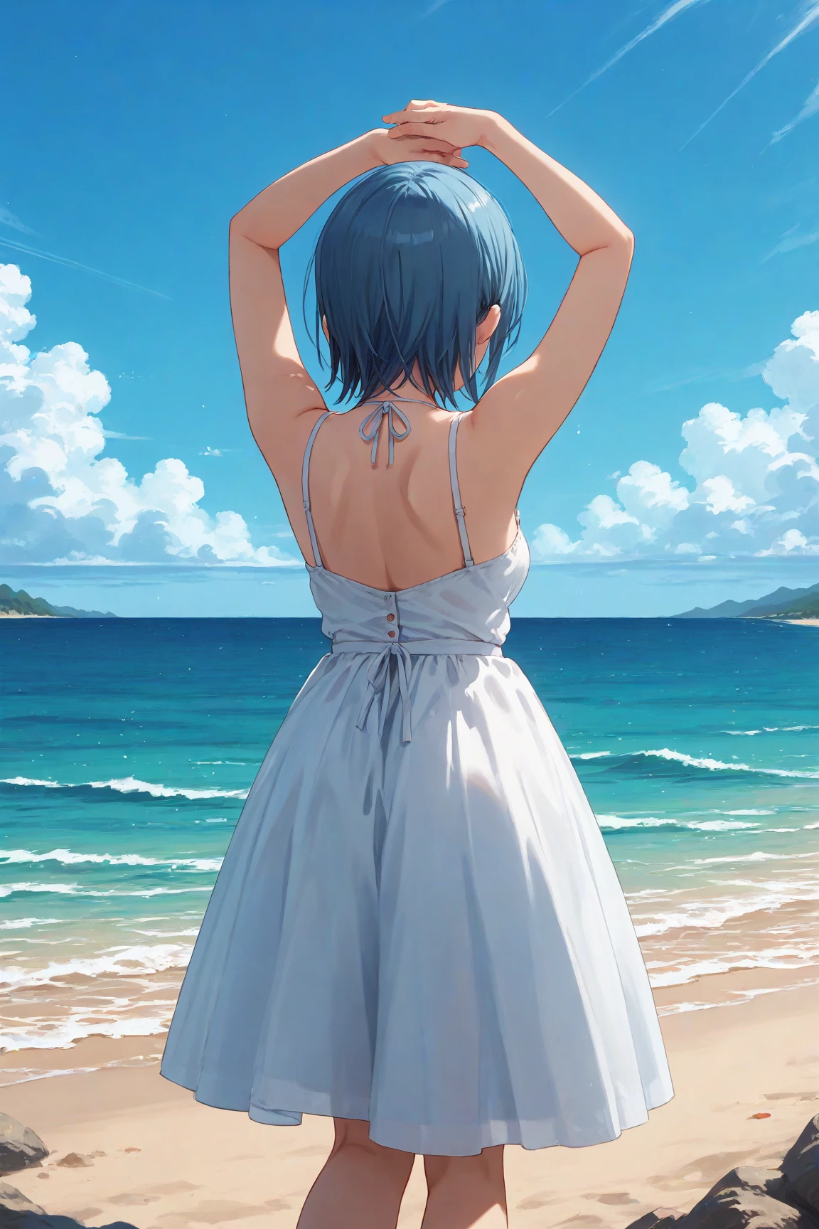 score_9,score_8_up,score_7_up,score_6_up, masterpiece, best quality, 1girl, solo,
<lora:Shiki2_Pony:1> wakana shiki, blue hair, BREAK, 
facing away, from behind, standing, arms up, 
sundress, beach,