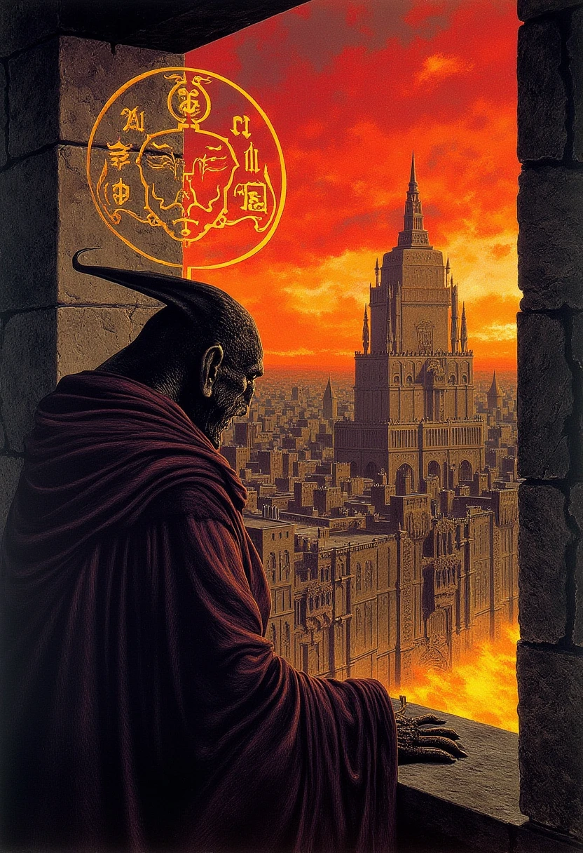 A highly detailed fantastical picture of a demon lord staring out his the tower window, his royal sigils float and glow around his head, out side the window is a vast hell city with row after row of buildings. Souls work to build new structurers.