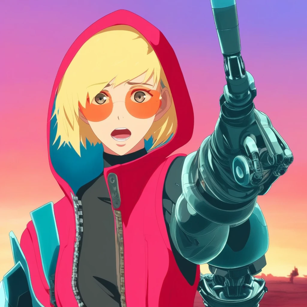 blonde hair, open mouth, looking at viewer, hood, tinted eyewear, jacket, short hair, single mechanical arm, sky, gloves