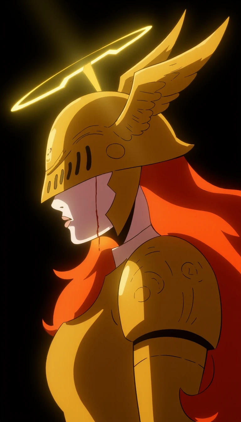 Malenia is portrayed in a side profile, fully clad in radiant golden armor, including a winged helmet that covers her eyes. Fiery red hair cascades from beneath the helmet, contrasting vividly against the dark background. A thin stream of blood trickles down from her eye, adding a poignant touch to her otherwise stoic expression. A glowing halo encircles her head, enhancing the image’s dramatic and almost divine aura. The detailed engravings on her armor and the warm lighting emphasize her regal and fierce presence.