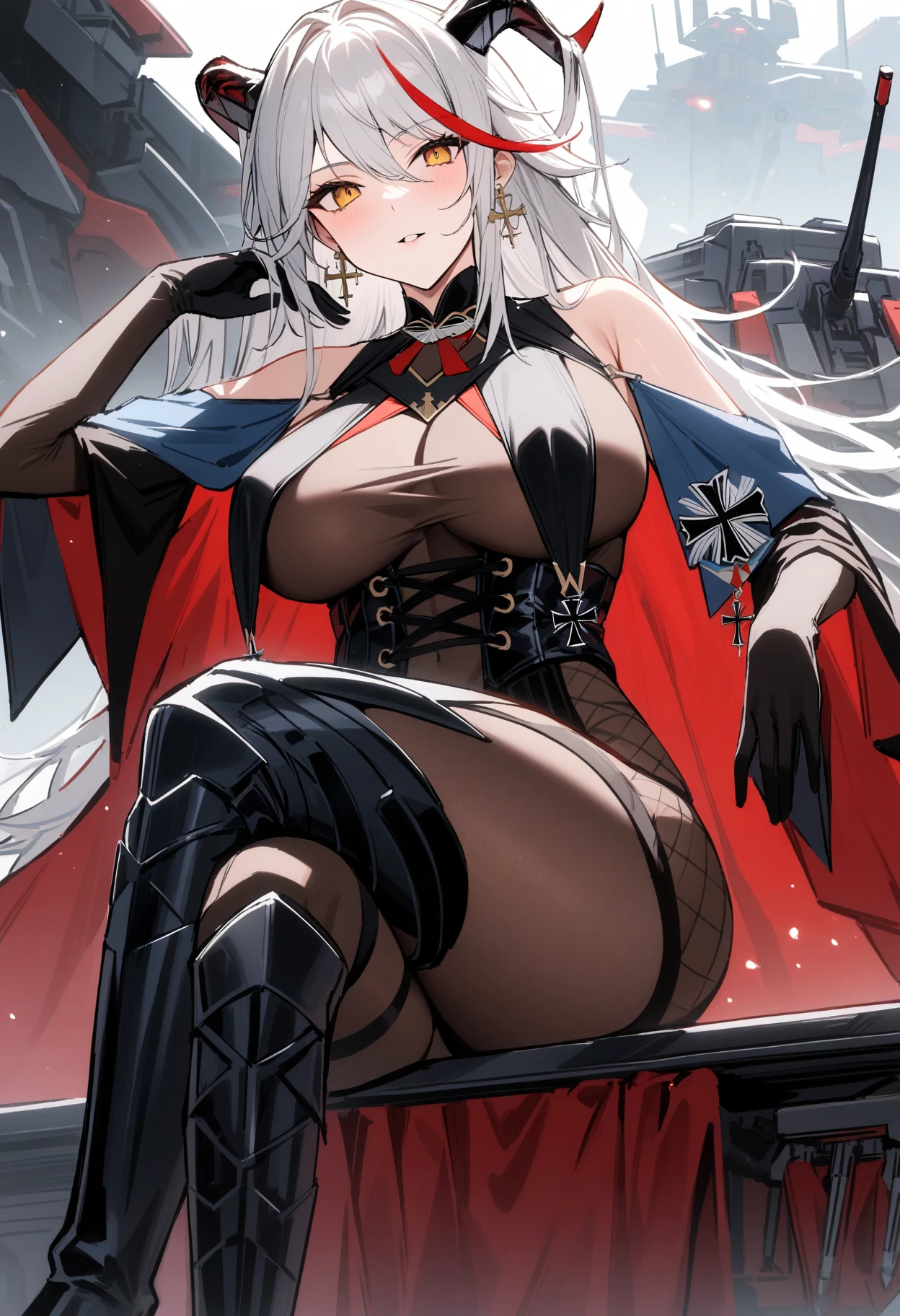 master piece, bokeh, best quality, photorealistic, ultra high resolution, 1 mature female, ultra detailed closeup portrait,
(black hoodie, fiery
red fur cloak:1.2), red long gown, (black dragon bone full body armor), intricate silver embroidery,
beautiful red eyes, (ultra detailed sexy armpit:1.4), glossy skin, super huge ample breasts,
intricate grey background, strong back lighting, volumetric lighting, soft lighting, overhead lighting, dreamy