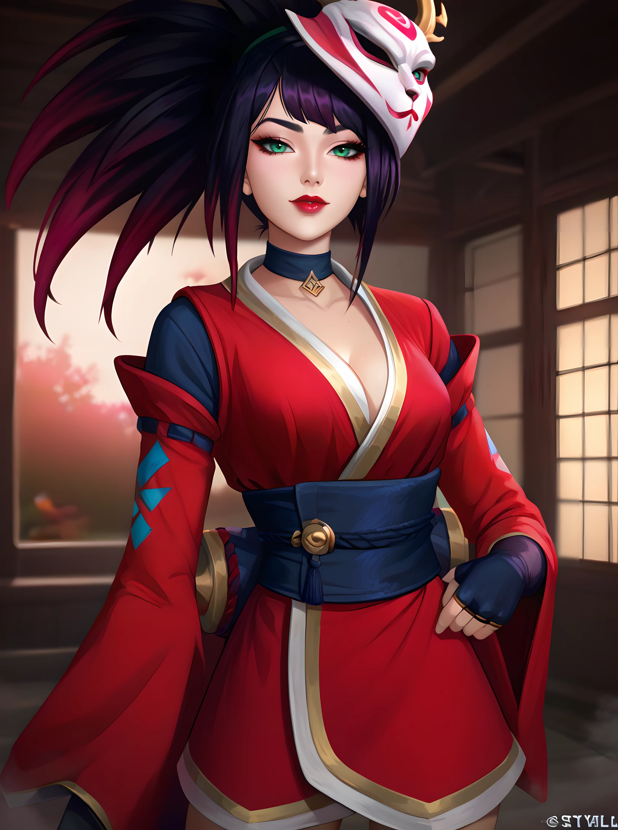 bl00dm00n4kali, blodmoonakali, 1girl, green eyes, makeup, red lips, ponytail, long hair, black hair, mask on head, mask, fox mask, red kimono, japanese clothes, kimono, long sleeves, wide sleeves, choker, cleavage, short kimono, gloves, fingerless gloves, score_9, score_8, score_7, source_anime, zPDXL, <lora:arcan3styl3v1PonySDXL:0.35>, arcan3styl3v1, <lora:4rc4n3XLP:0.51>, 4rc4n3, medieval japan house, indoors, (night), <lora:Bloodmoon_Akali_Pony_v1:0.7>, thighhighs, black thighhighs, looking at viewer, smile, dramatic light