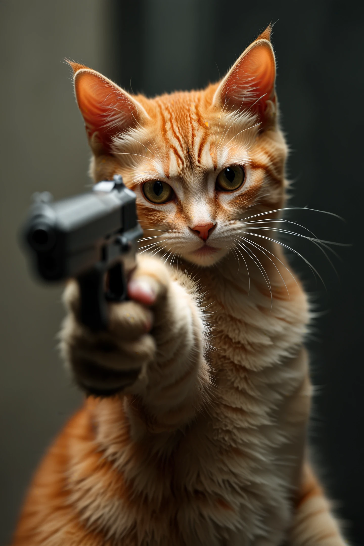 A cat pointing a gun at the viewer