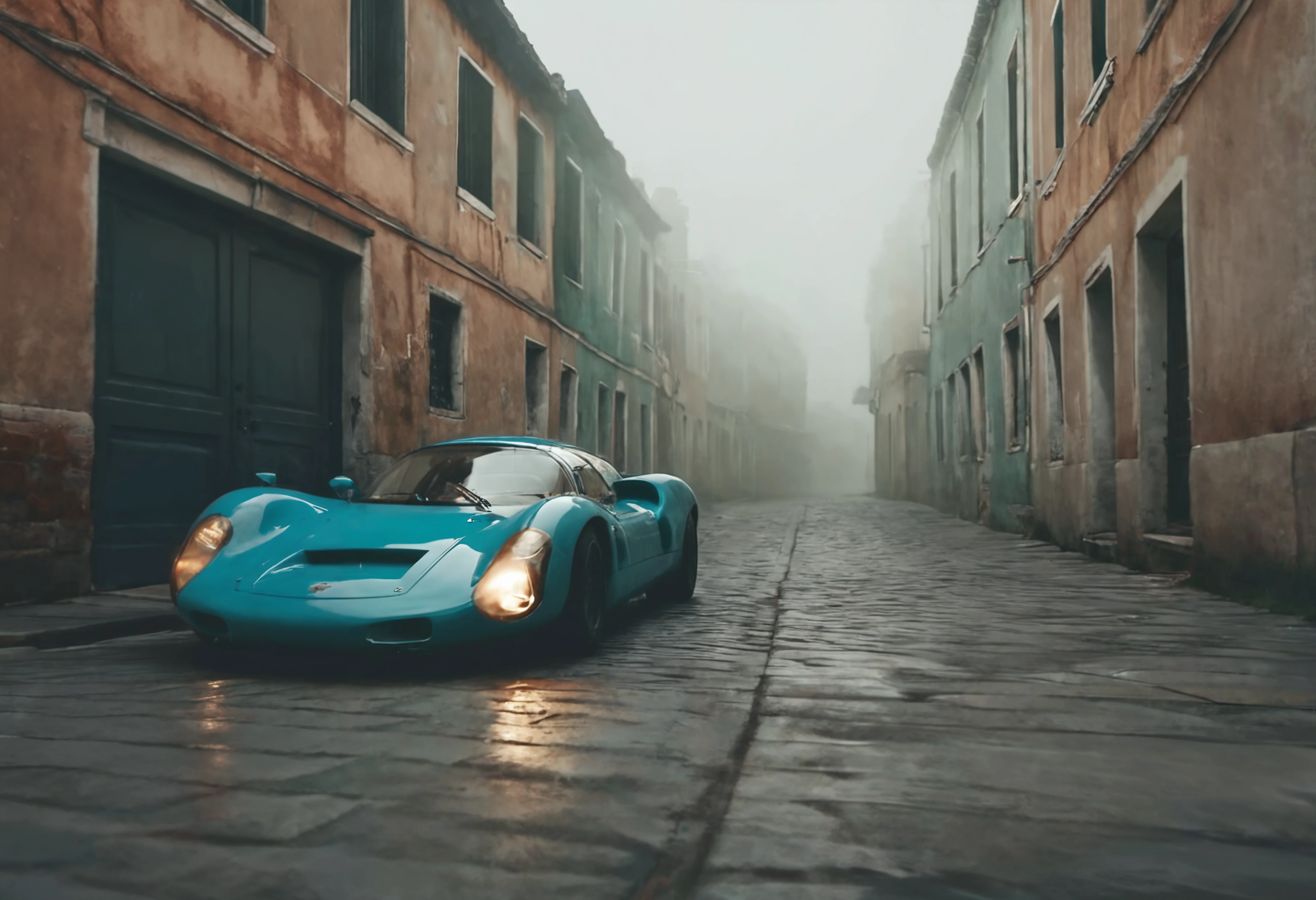 a photograph of a p0rsche9l0xl sports car, Fog/Mist: A misty or foggy setting that creates an ethereal and mysterious ambiance., Teal Blue, front 3/4 view , A hidden, lantern-lit alleyway in Venice., dark moody low-key, wcxl, 