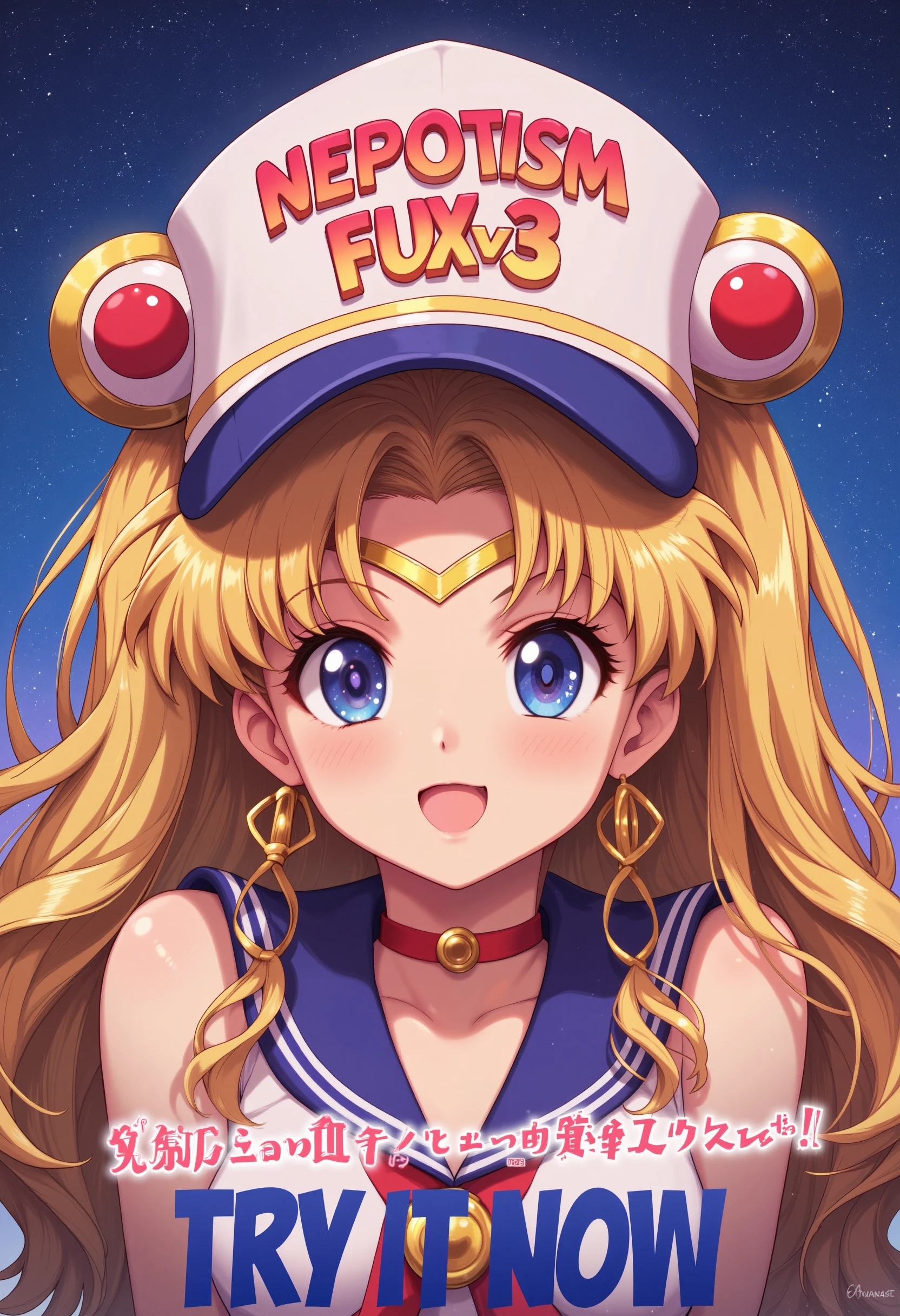 poster, score_9, Sailor Moon wears a funny hat that says "NEPOTISM FUXᵛ³", the title across the middle says "TRY IT NOW",