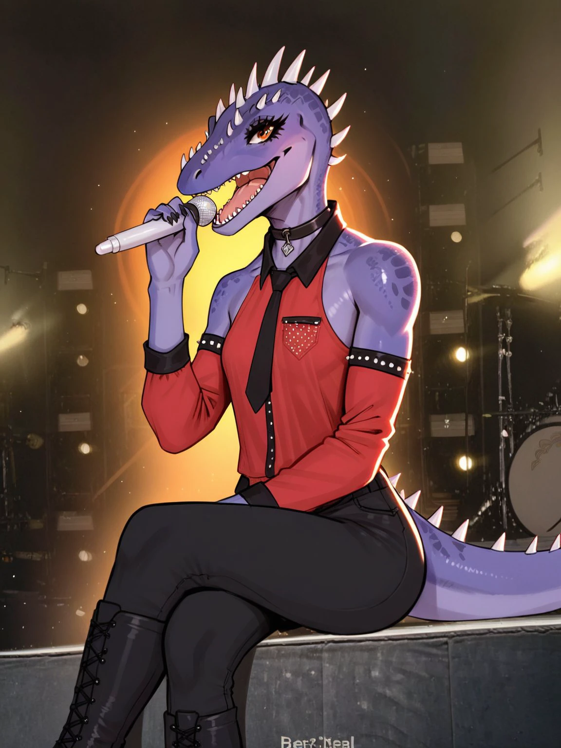 (score_9, score_8_up), score_7_up, score_6_up, score_5_up, score_4_up,  source_furry
Tryx, small breast, dinosaur, purple skin, orange eyes, eyelashes, black trousers, red shirt, red sleeves, black collar on the shirt, bare shoulders, black tie, spikes on the head, scales, black circles around the eyes, black collar, open mouth, sitting, music, crossed legs, holding microphone, singing, screen <lora:FanScreamingAtMadisonBeer_XLPD:1>
<lora:Tryx_XL:0.9>