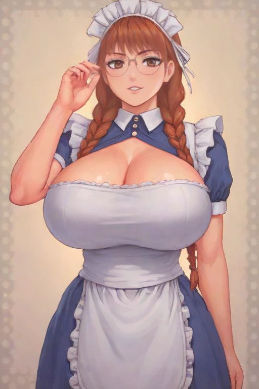 score_9, score_8_up, score_7_up, score_6_up, score_5_up, score_4_up,  BREAK,
 best quality, very aesthetic, ultra detailed),intricate details,4k,stunningly beautiful, ultra detailed, masterpiece , huge breasts,  <lora:sd_xl_turbo_lora_v1:1>    shiny skin, detailed face, makeup, beautiful woman,   zPDXL, source pony,  beautiful eyes, thick, shiny clothes, abs,  8 pack abs, muscle, 
1girl 
<lora:ToukaKunugi:0.8> (ToukaKunugi, long hair,braid, twin braids) (brown hair)
ToukaKunugi, 1girl, solo, gigantic  breasts, cleavage, glasses, apron, hand on hip, maid, maid headdress, clothing cutout, cleavage cutout, adjusting eyewear, halftone, 
thick thighs, cute smile, 
cute, looking at viewer, ,️a muscular woman,upper body shot,front view, medium close-up,Antiquity,in the style of mexican muralist diego rivera,Hyperrealistic art Extremely high-resolution details photographic realism pushed to extreme fine texture incredibly lifelike,style by Kurt Schwitters,style by Les Edwards,style by Kim Keever,extremely beautiful masterpiece contest winner Ultra Detailed Highres,Kodak gold 200,split lighting,Glitch Style,Short Lighting,Ilford HP5 Plus B&W,Leica T Digital