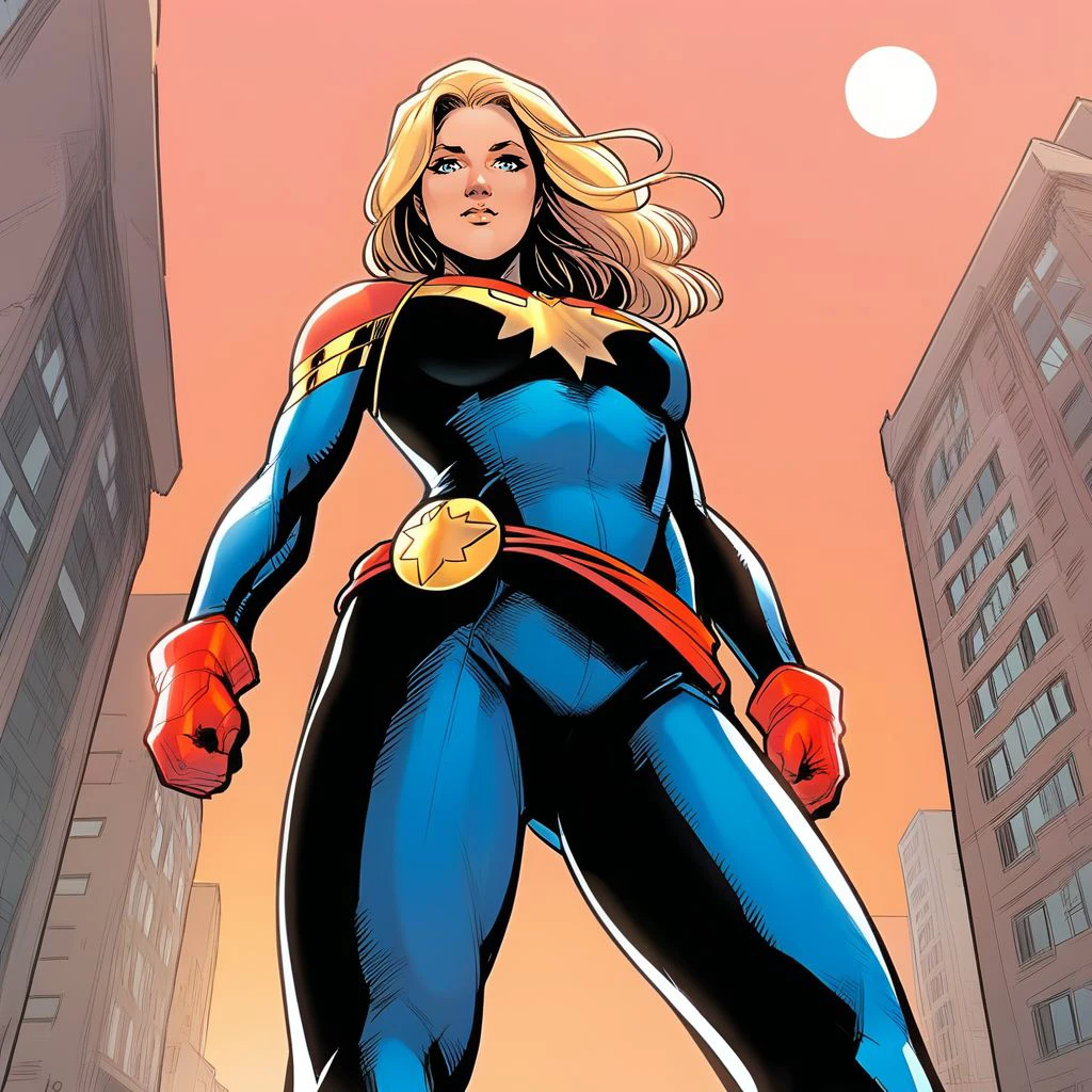 score_9, carol_danvers, blonde hair, blue eyes, bodysuit, star logo, red gloves, red belt, angle from below, low angle, standing, streets, buildings, day, clear sky, dynamic light, sun, looking at the viewer, closed mouth, <lora:captain_marvel:1>