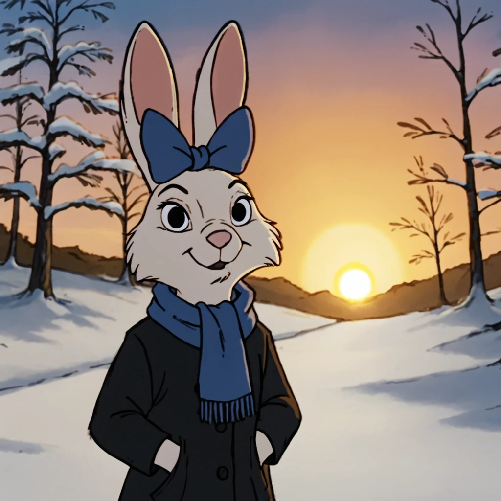 sis, wearing black coat and blue scarf in snow forest, upper body portrait, looking at viewer, backlighting, sunset, bunny <lora:sis-ponyv6xl:1>