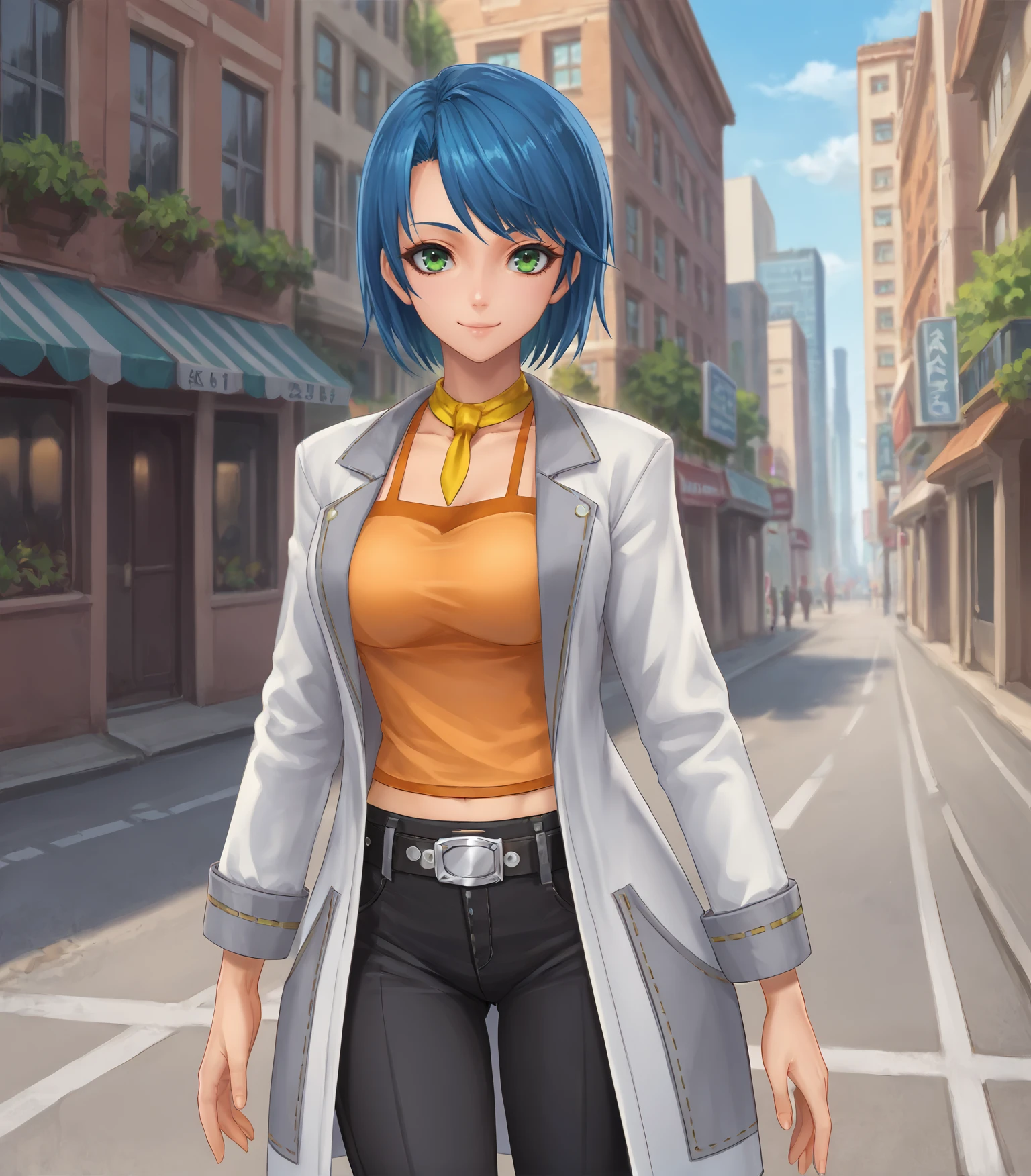 score_9, score_8_up, score_7_up,
1girl, solo, <lora:SaylaCasual:0.9>, Sayla, blue hair, green eyes, large breasts,  yellow neckwear,, white coat, orange camisole, capri pants, belt, black shoes,, 
cowboy shot  , looking at viewer, smile, outdoors, street, city, buildings,
<lora:LDART_style_pony_v3:0.7>,,  <lora:Racoonkun_Artist_Style:0.4>, racoonsan,,