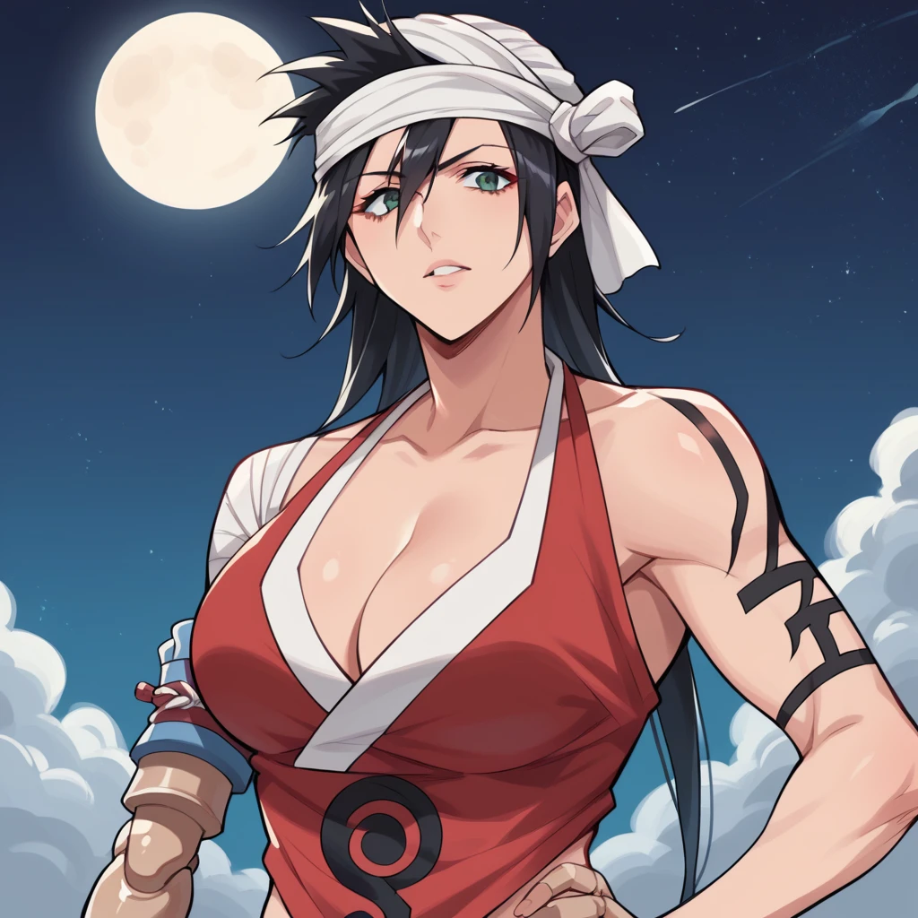 score_9_up, score_8_up, score_7_up, source_anime, masterpiece, best quality, 1girl, solo, Kukaku, moon light, starry sky, night sky, standing, looking at you, face focus, upper body, hand on hip, parted lips, angled, long hair, black hair, spiked hair, green eyes, bandages, japanese clothes, red shirt, bare shoulders, sleeveless shirt, midriff, mechanical arms, single mechanical arm, long hair, prosthesis, prosthetic arm, black belt, cleavage, tattoo, mature body, dynamic cowboy shot, outdoors, sky clouds background