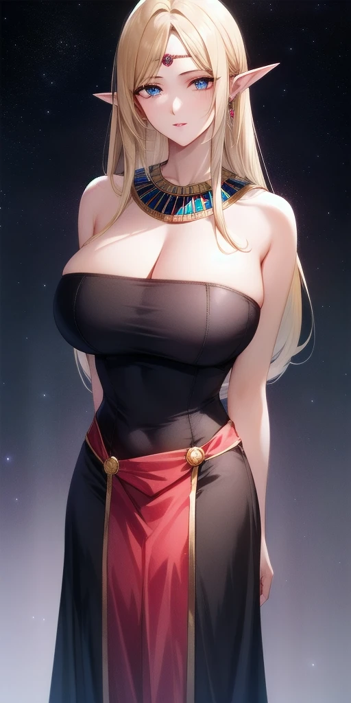 <lora:DeedlitV8:.7>deedlit, standing, huge_breasts, solo, arms_behind_back, starry_sky, strapless_black_dress_pelvic_curtain_gold_circlet_usekh_collar_gem_red_loincloth,, masterpiece, best_quality, detailed_face, detailed_eyes, highres, beautiful, detailed, absurdres,