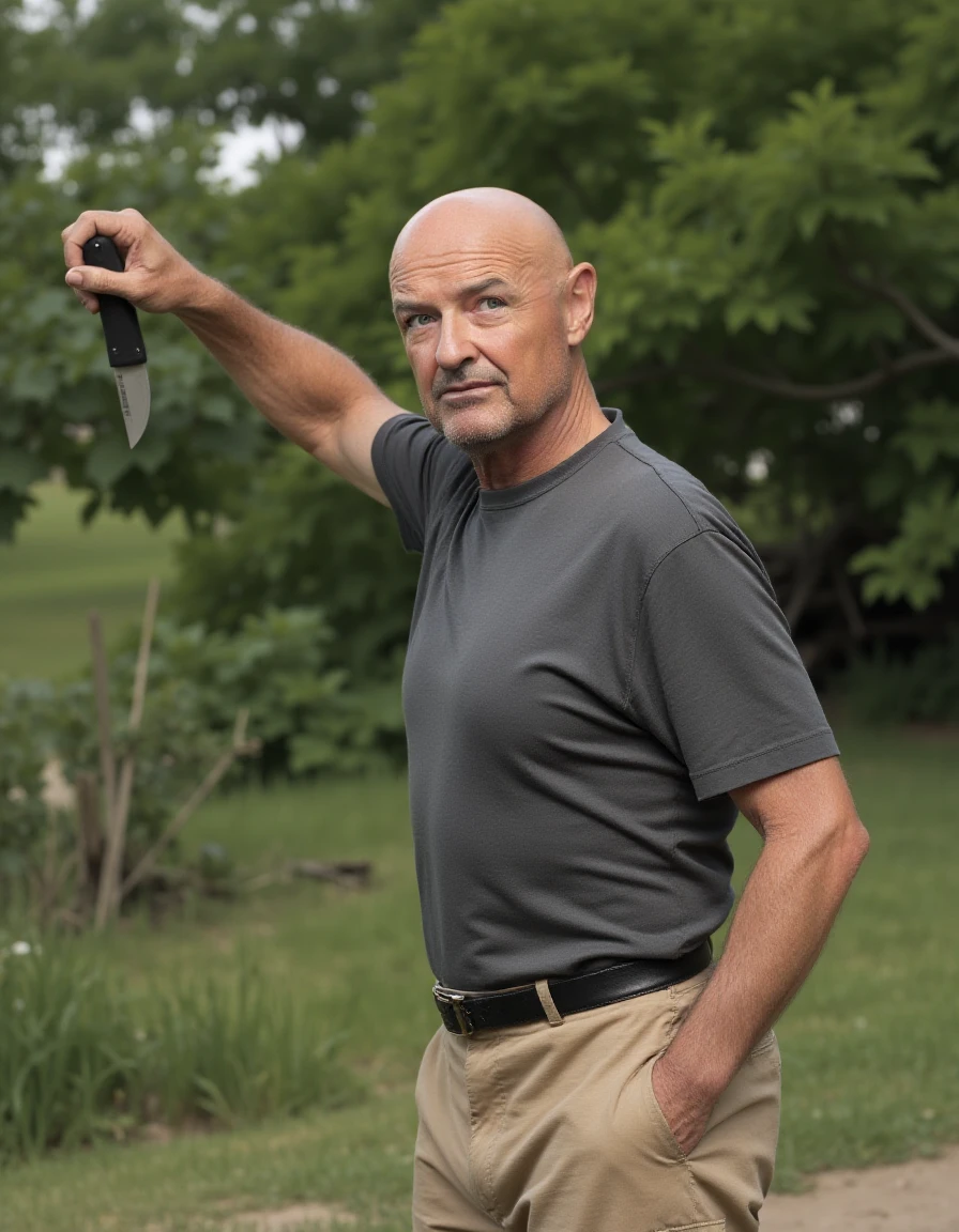 <lora:John_Locke_-_LOST_-_Terry_OQuinn:1>john locke in a gray shirt and khaki cargo pants throwing a knife