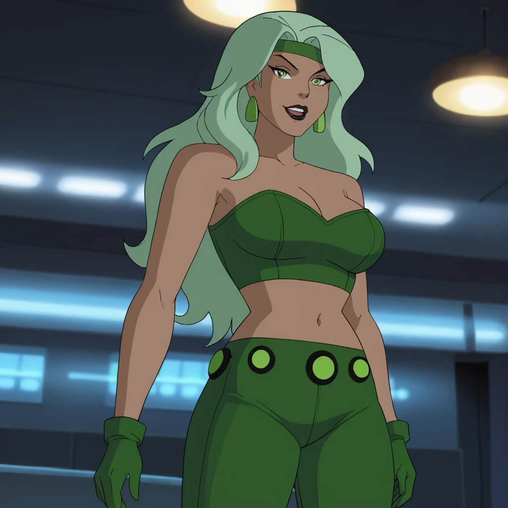 <lora:firedcau_pony_v1:.7> FireHuman, 1girl, solo, jewelry, long hair, earrings, navel, green hair, lipstick, gloves, midriff, large breasts, green pants, makeup, green eyes, crop top, cleavage, dark-skinned female, dark skin, headband, mole, bare shoulders