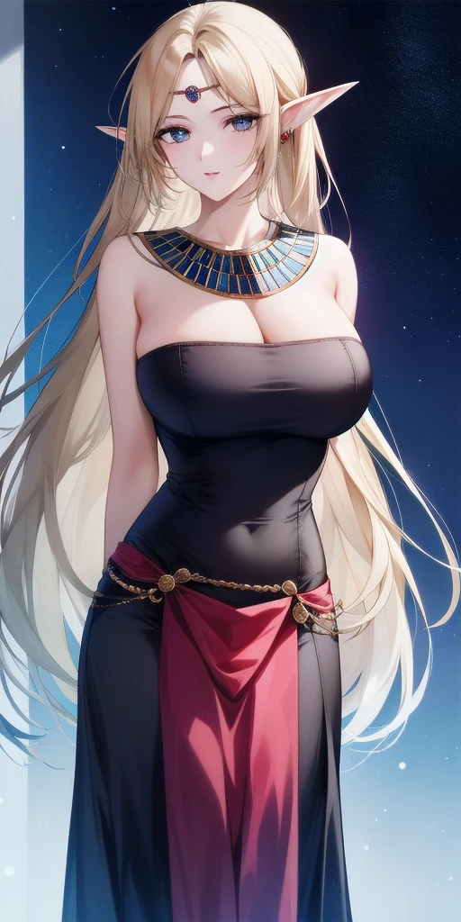 <lora:DeedlitV8:.7>deedlit, standing, huge_breasts, solo, arms_behind_back, starry_sky, strapless_black_dress_pelvic_curtain_gold_circlet_usekh_collar_gem_red_loincloth,, masterpiece, best_quality, detailed_face, detailed_eyes, highres, beautiful, detailed, absurdres,