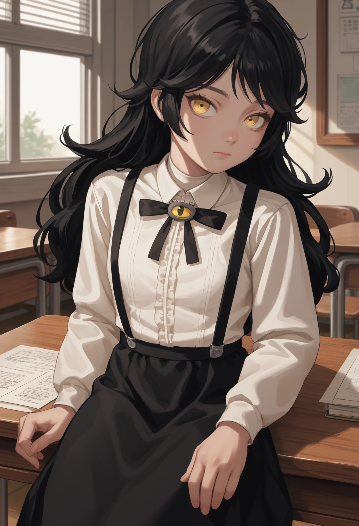 score_9, score_8_up, score_7_up, source_anime BREAK 1girl, solo, <lora:grimmi-vtuber-richy-v1_pdxl:1> grimmi, black hair, yellow eyes, long hair, black neck ribbon, suspenders, black skirt, white shirt, looking at viewer, closed mouth, indoors, sitting, desk