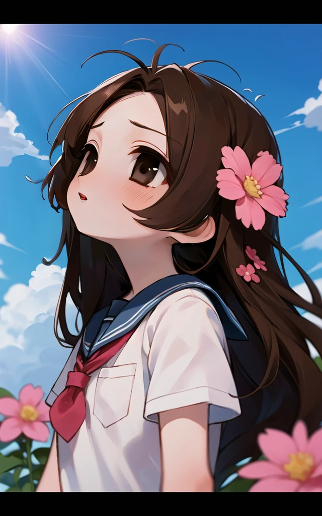 (masterpiece, best quality),1girl, solo, flower, long hair, outdoors, letterboxed, school uniform, day, sky, looking up, short sleeves, parted lips, shirt, cloud, black hair, sunlight, white shirt, serafuku, upper body, from side, pink flower, blurry, brown hair, blue sky, depth of field <lora:Uee_M__Style:1>