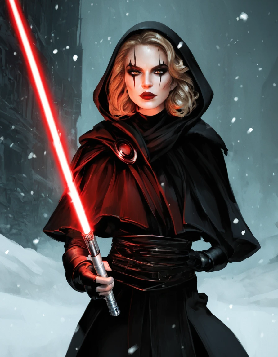 score_9, score_8_up, score_7_up, darth-zannah, star wars, 1girl, light brown hair, short hair, solo, weapon, lightsaber, hood, sword, fingerless gloves, gloves, long hair, closeup, makeup, lipstick, science fiction, snow, laser <lora:Darth_Zannah:1>