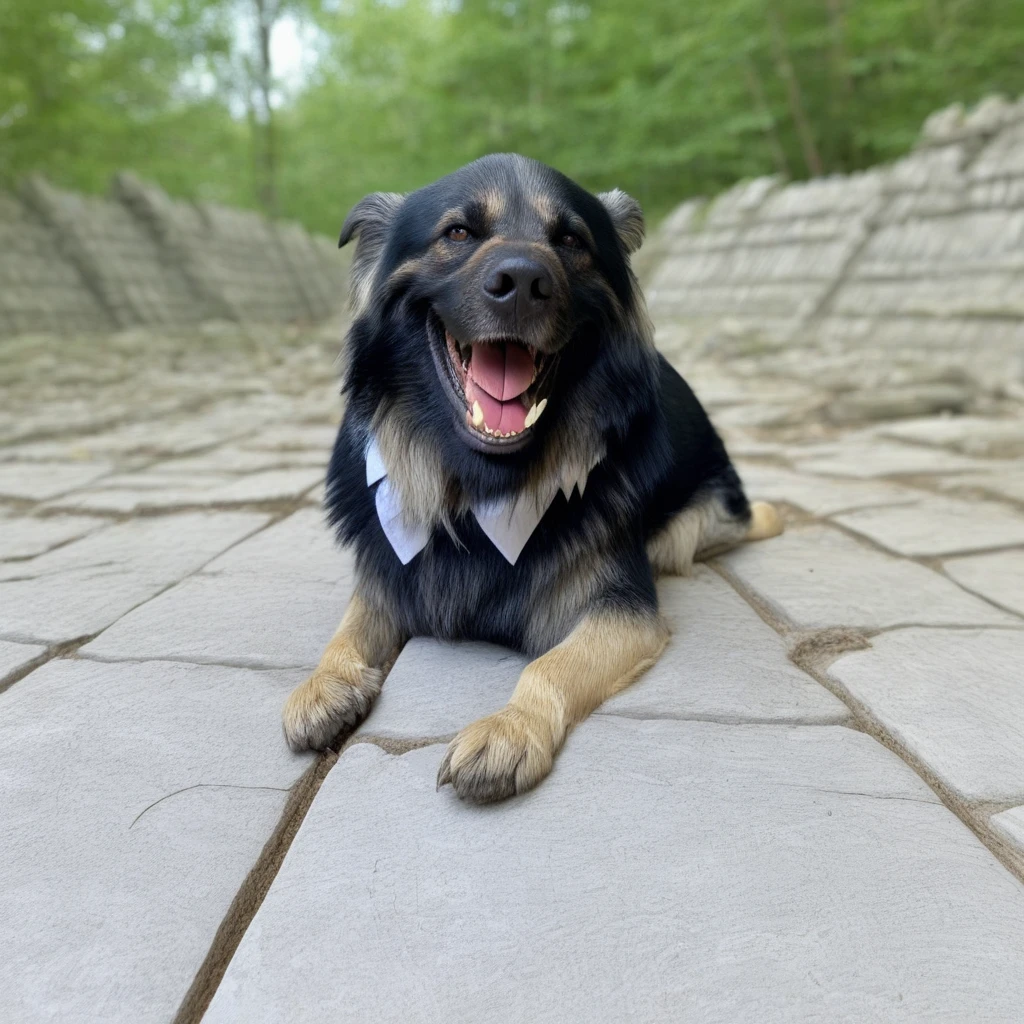 realistic, forest, teeth, tiles, blue sky, day, tongue out, malish, ruins, nature