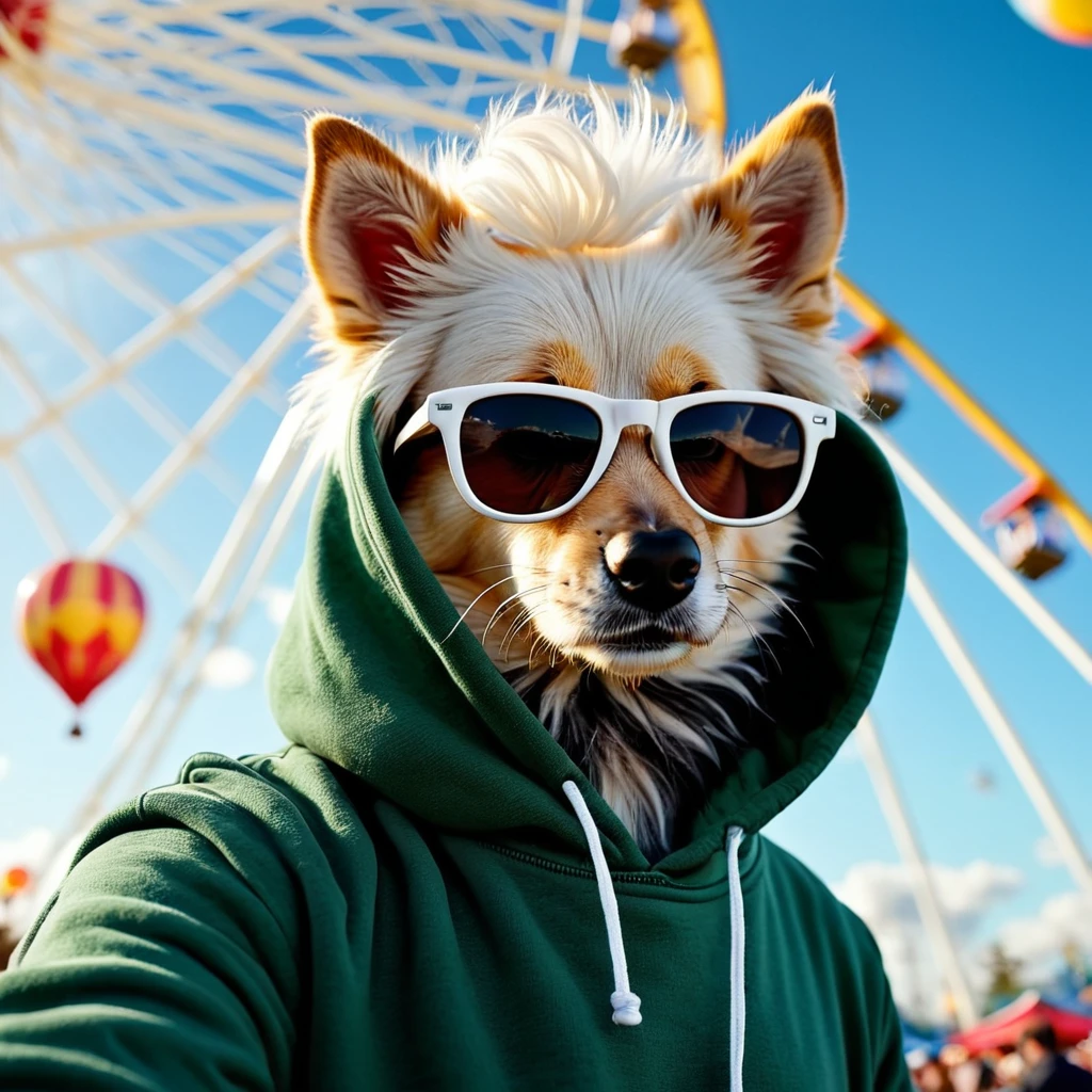 cinematic film still of  <lora:FLUX.1 cinematic style:1>
In FLUX.1 cinematic style a dog wearing sunglasses and a green hoodie, realism, smooth sharp photo, smooth details, perfect style, perfection style, filmic style, Kodak style, Fujifilm style, cinematic color style, perfect skin tone style, perfect texture style, detailed background, different pose, unique different image, midjourney style, cinematic film photography style, blackforestlabs style, FLUX.1 cinematic style, 1boy, male focus, sky, glasses, solo focus, day, cloud, hood, blurry, blue sky, hoodie, depth of field, sunglasses, furry, ferris wheel, looking at viewer, white hair, outdoors, blurry background, facial hair, beard, dog, selfie, reaching towards viewer, crowd, hood down, furry male, drawstring, balloon, amusement park
, shallow depth of field, vignette, highly detailed, high budget, bokeh, cinemascope, moody, epic, gorgeous, film grain, grainy